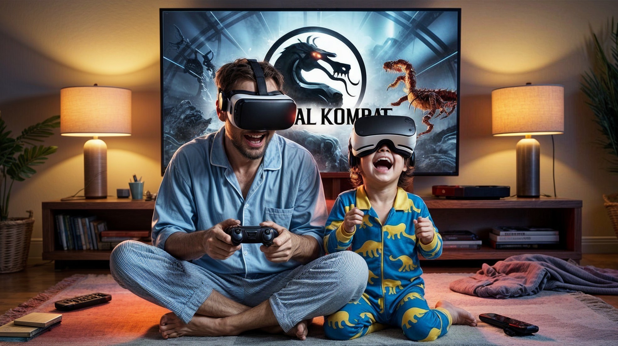 Man and Child Enjoy Gaming in Cozy Living Room