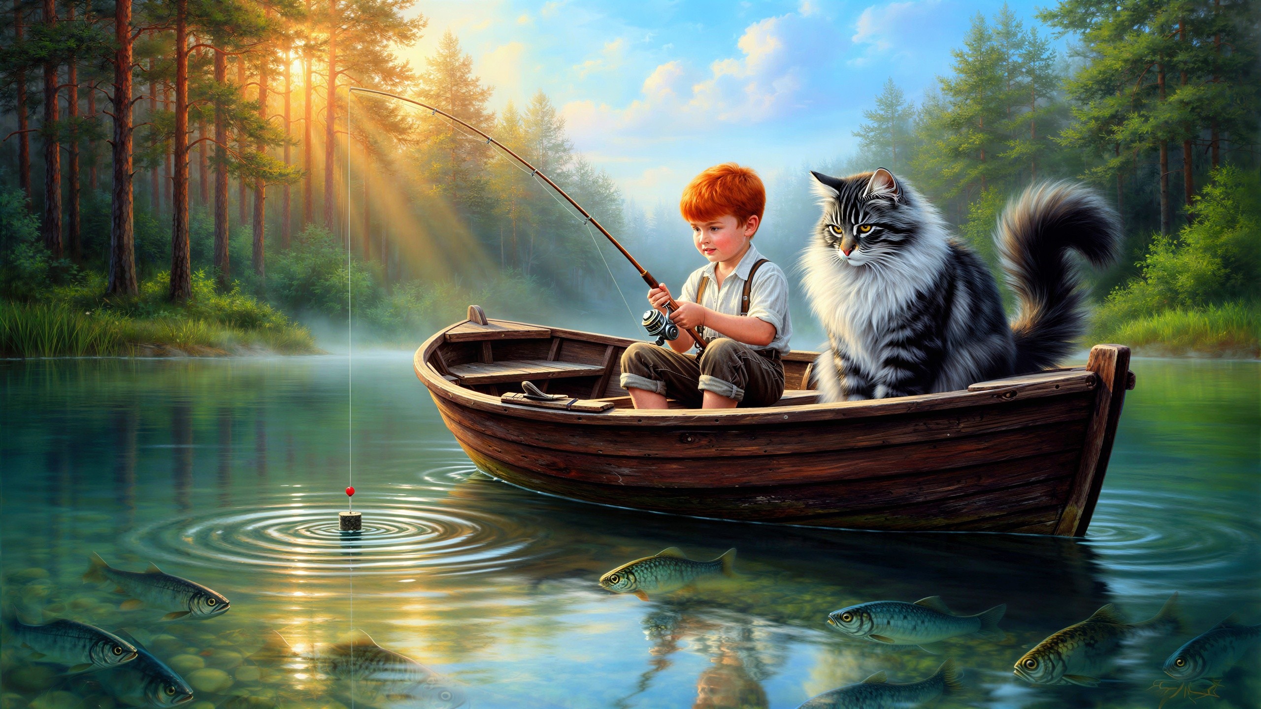Whimsical Painting of Boy Fishing with Maine Coon Cat