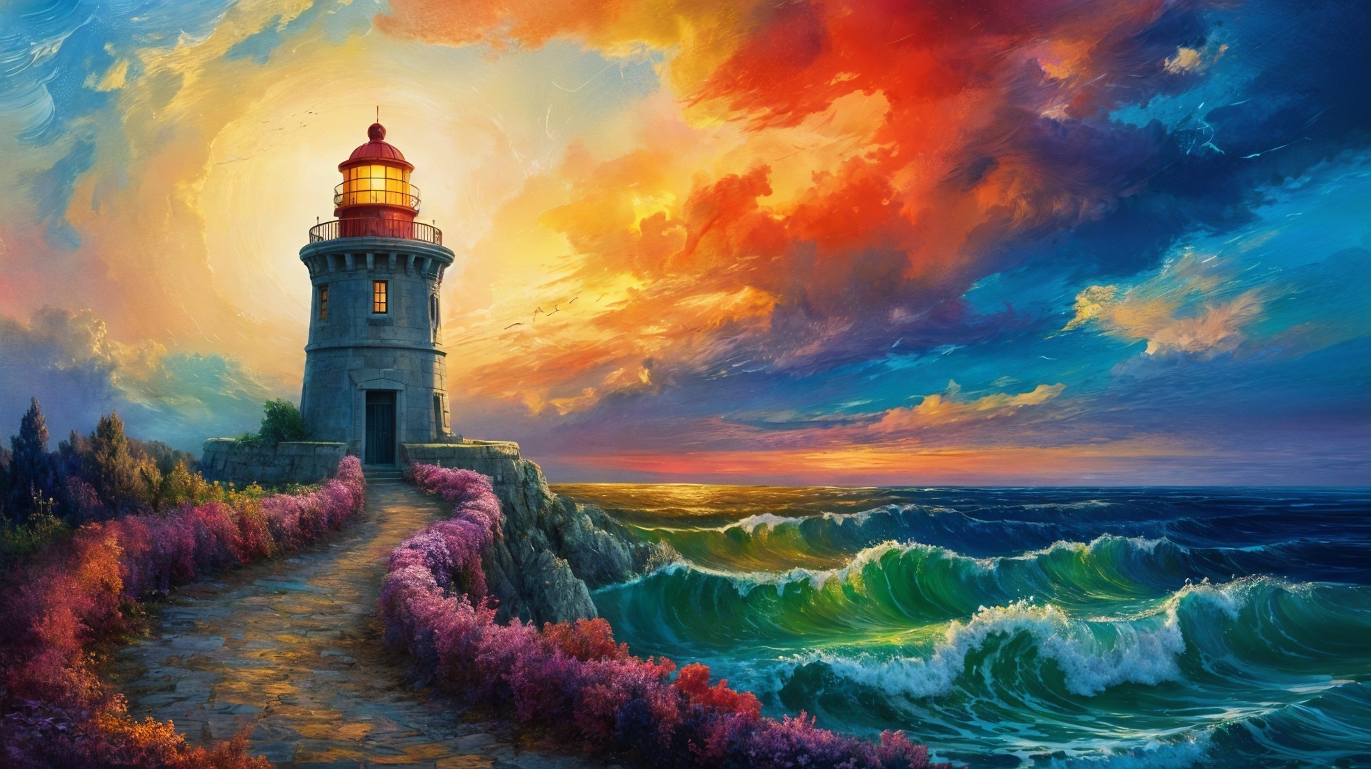 Lighthouse on Rocky Shore with Vibrant Sunset Colors