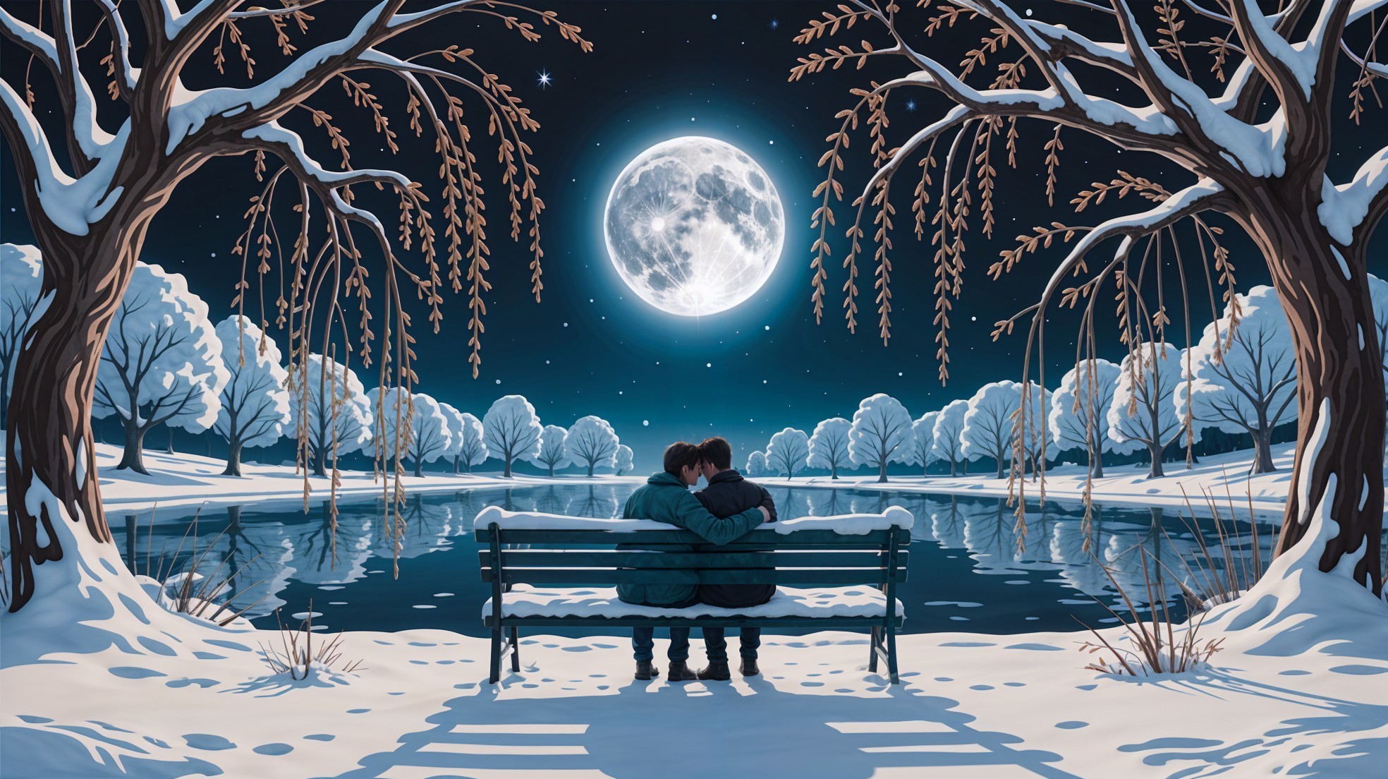 Winter Scene of a Couple by a Moonlit Lake