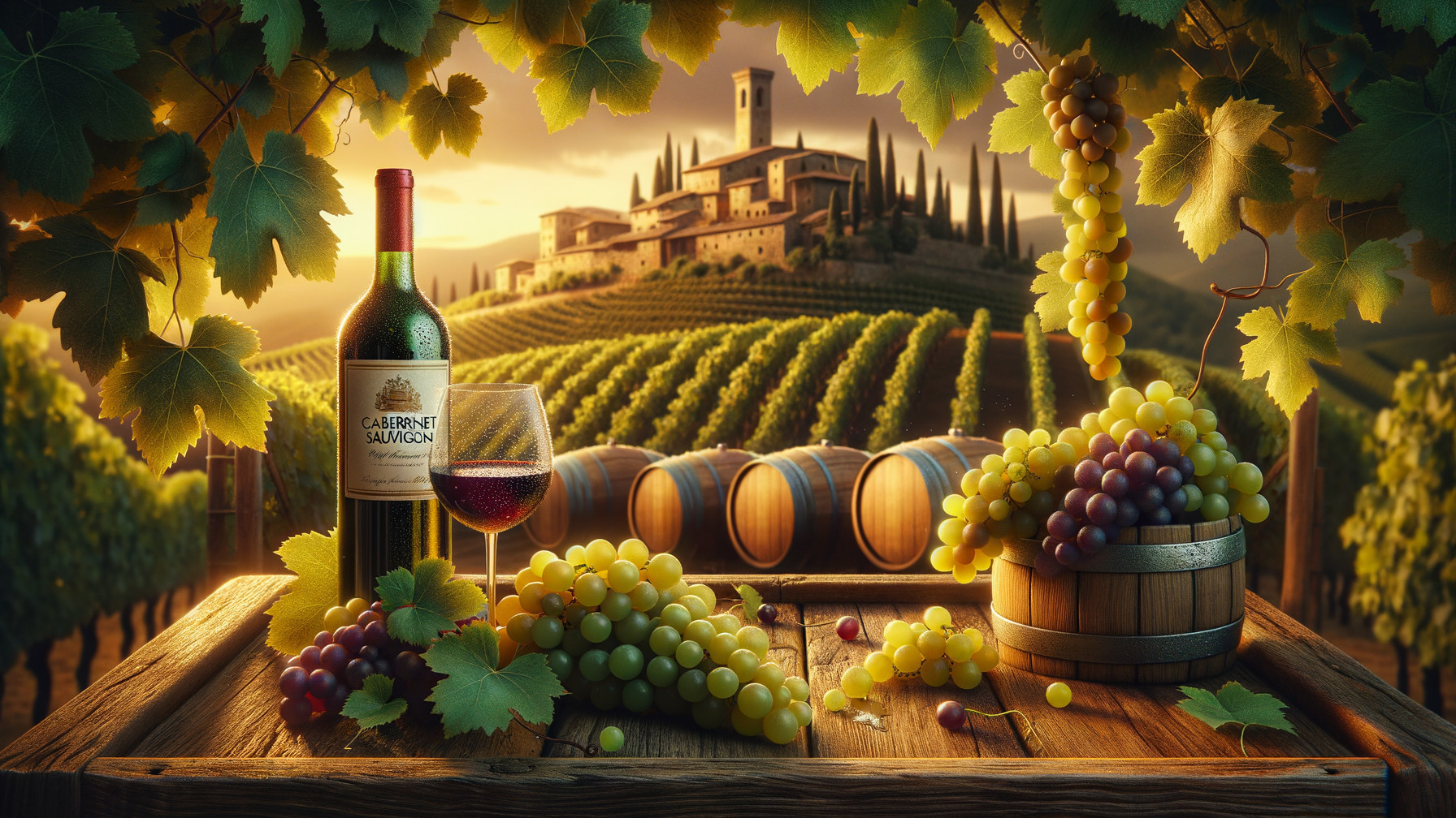 Vineyard Sunset with Wine and Grapes Scene