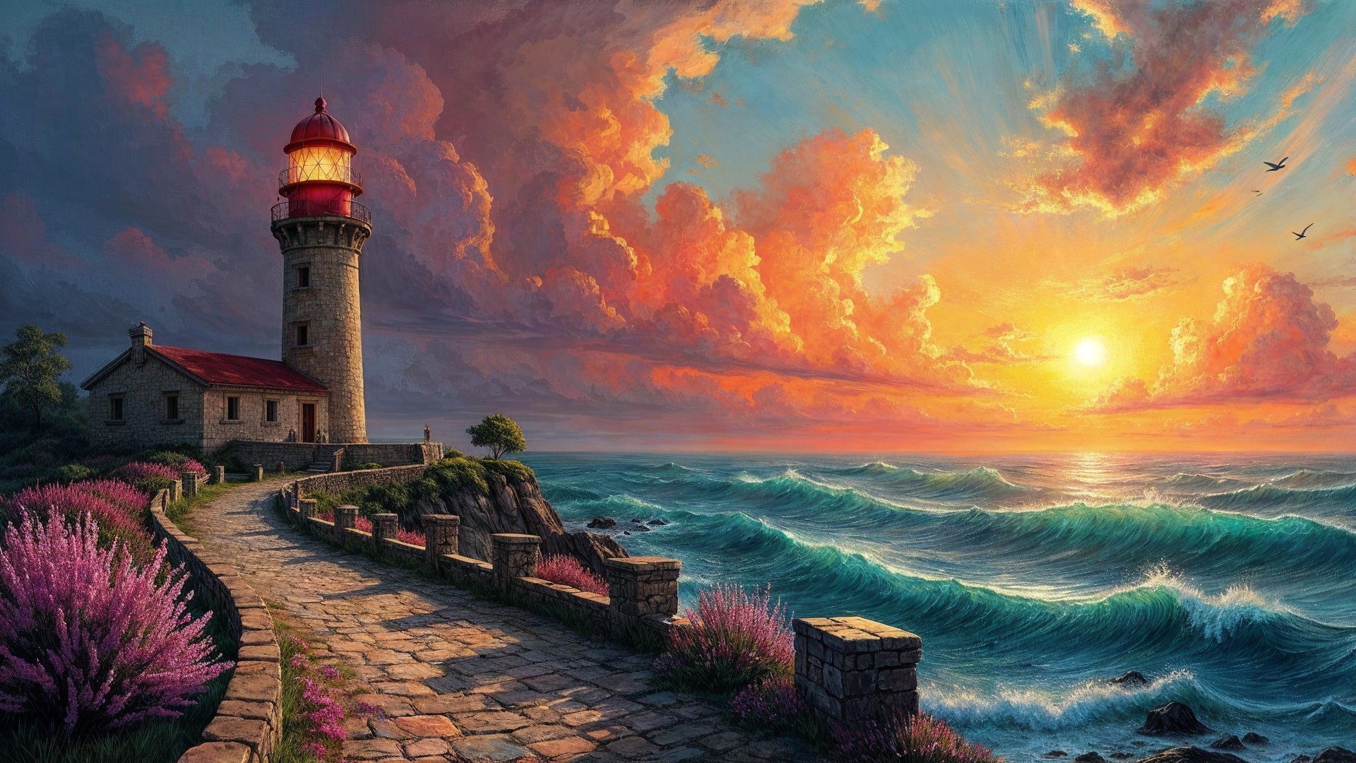 Coastal Landscape with Lighthouse and Sunset Colors
