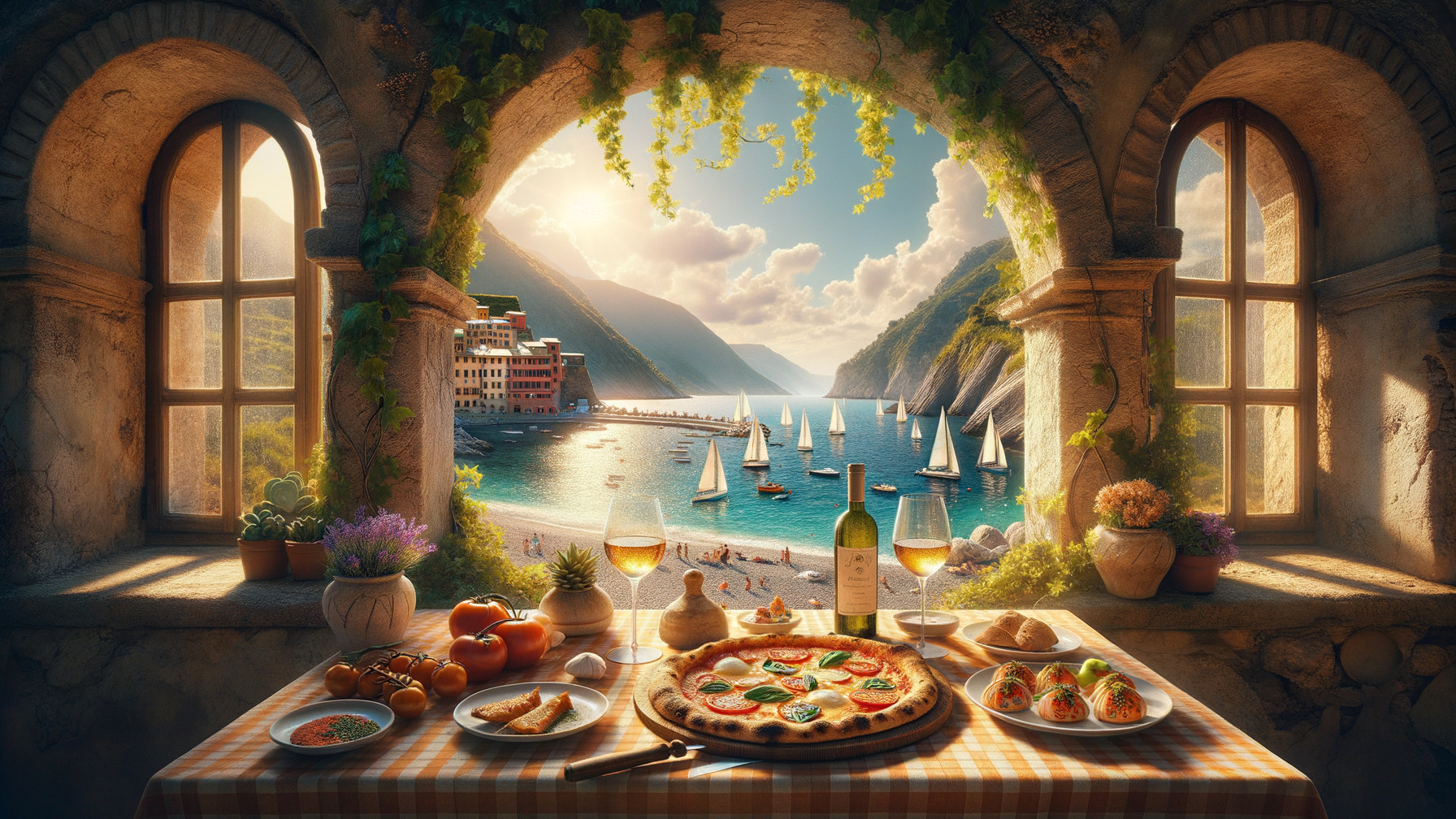 Coastal Villa Scene with Italian Delicacies and Beach View