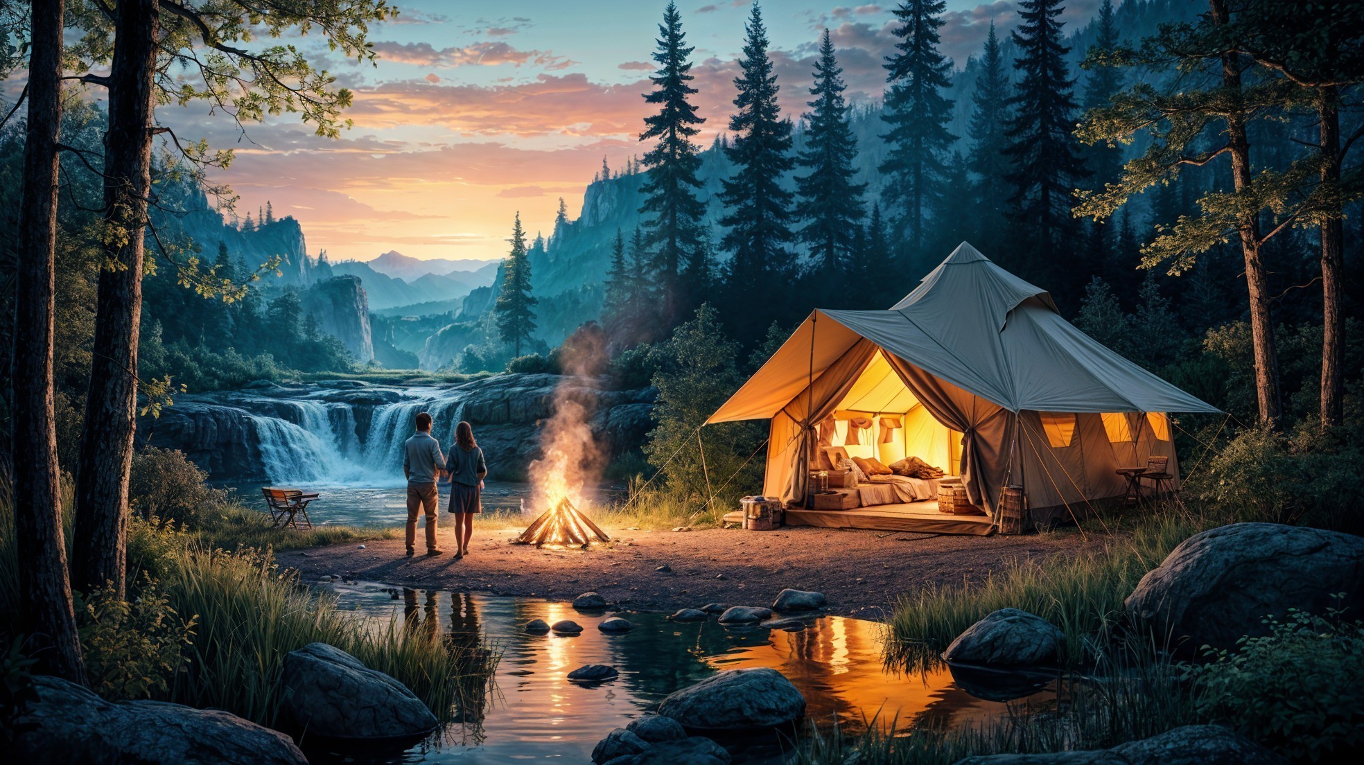 Serene Campsite by a Tranquil River at Sunset
