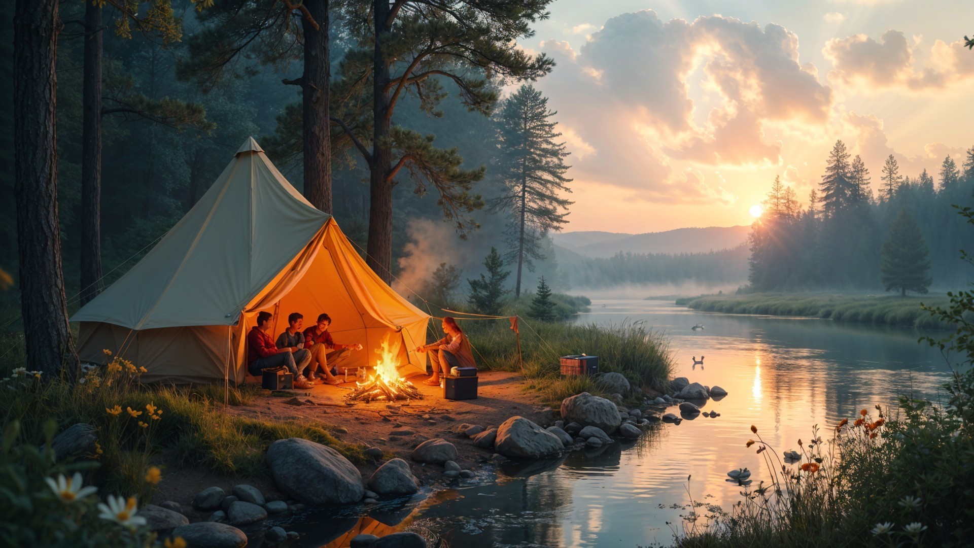 Camping by a Tranquil River at Sunset