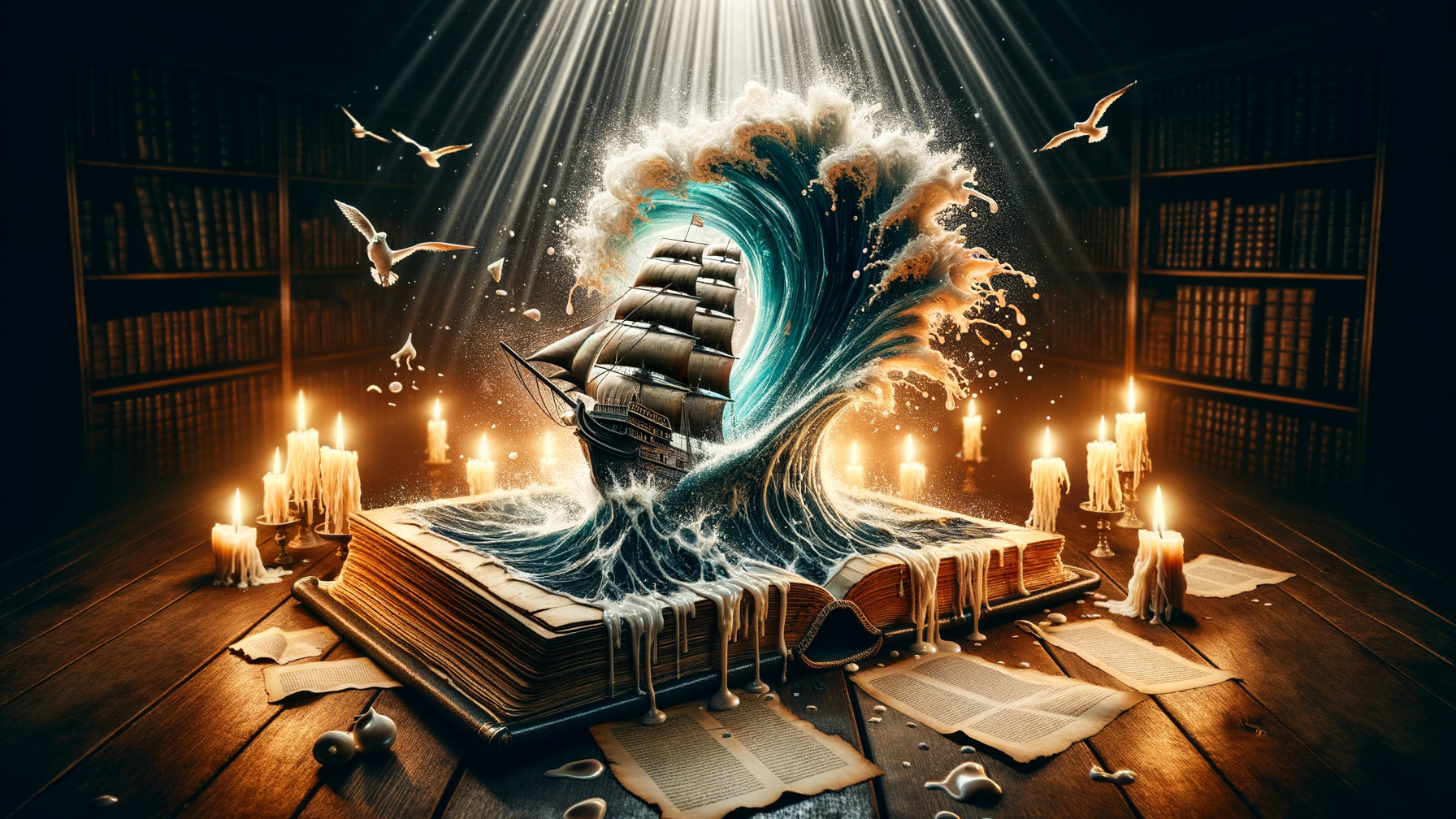 Fantastical Scene of a Ship in a Library Setting