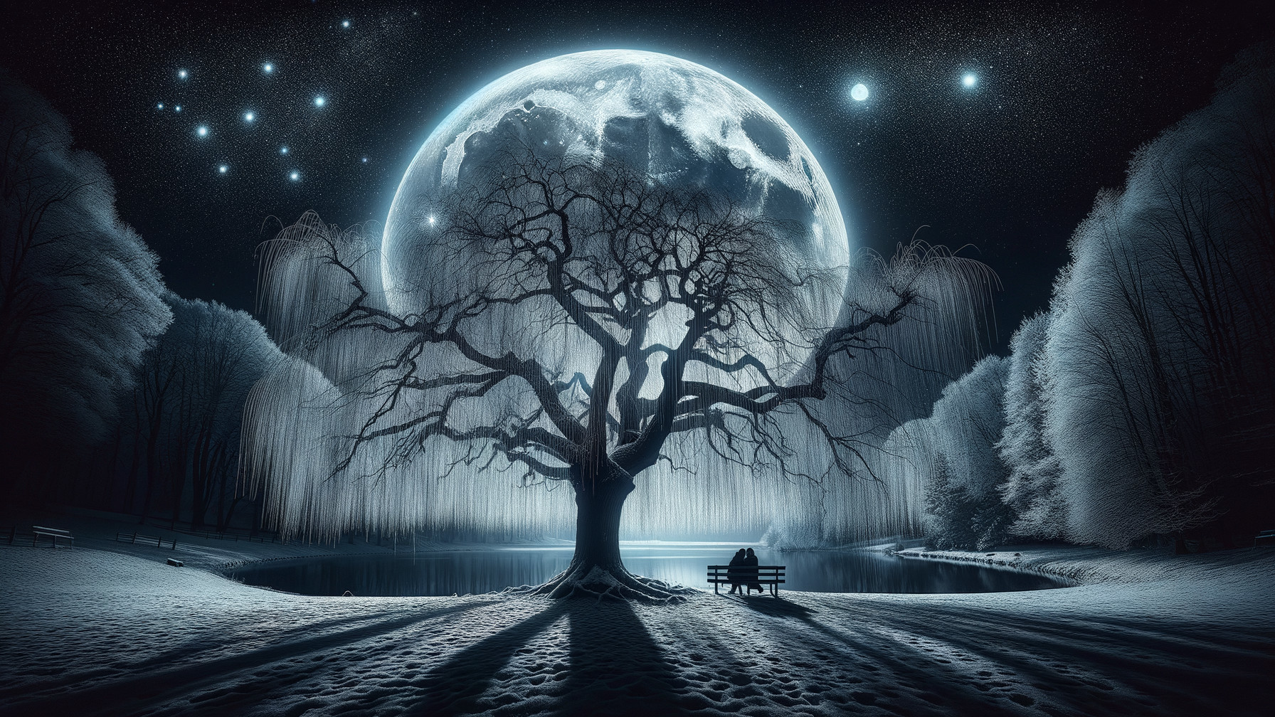 Winter Night Scene with Tree and Snowy Lake