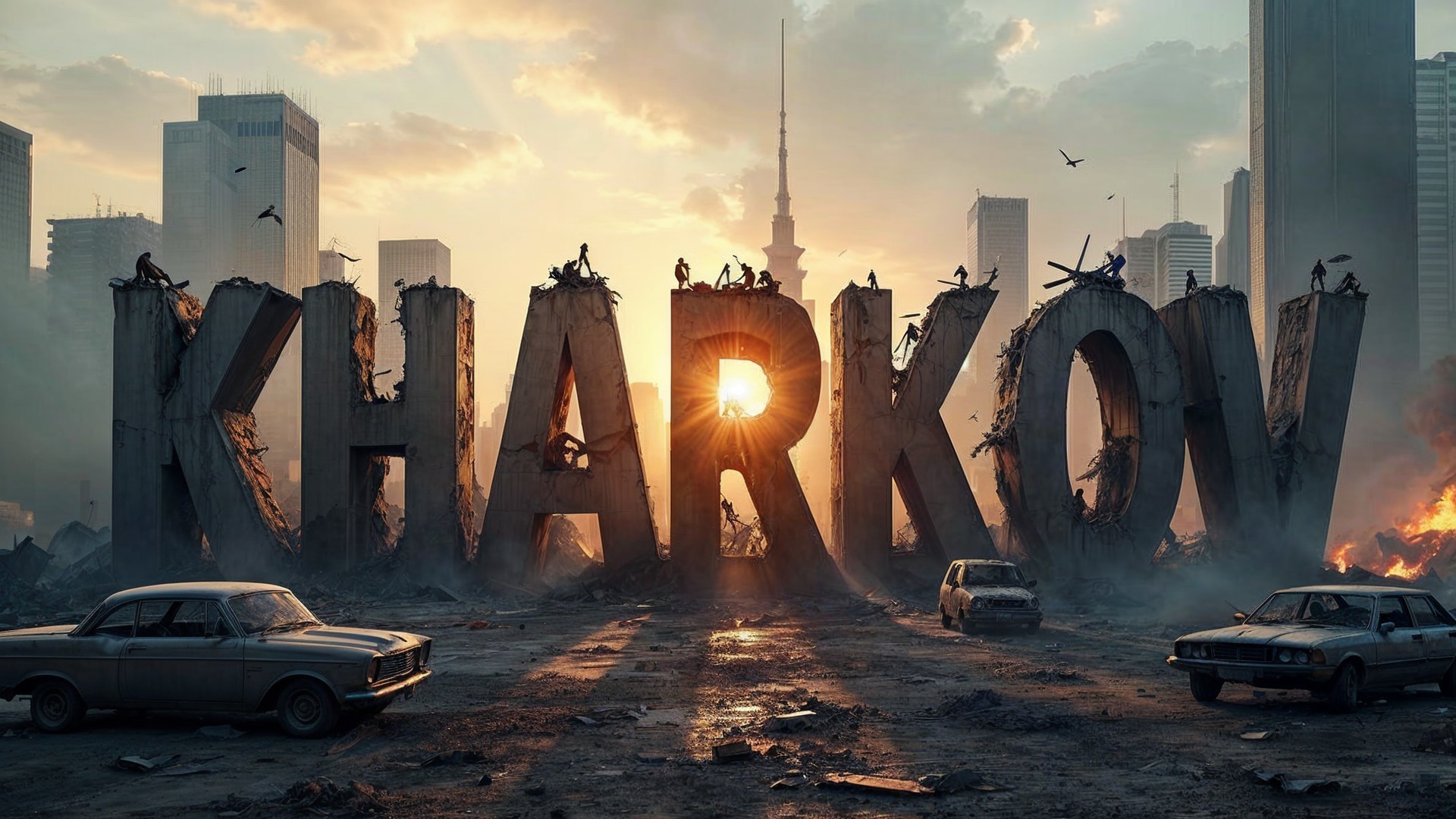 Dramatic Sunset Over Kharkov Ruins and Abandoned Cars