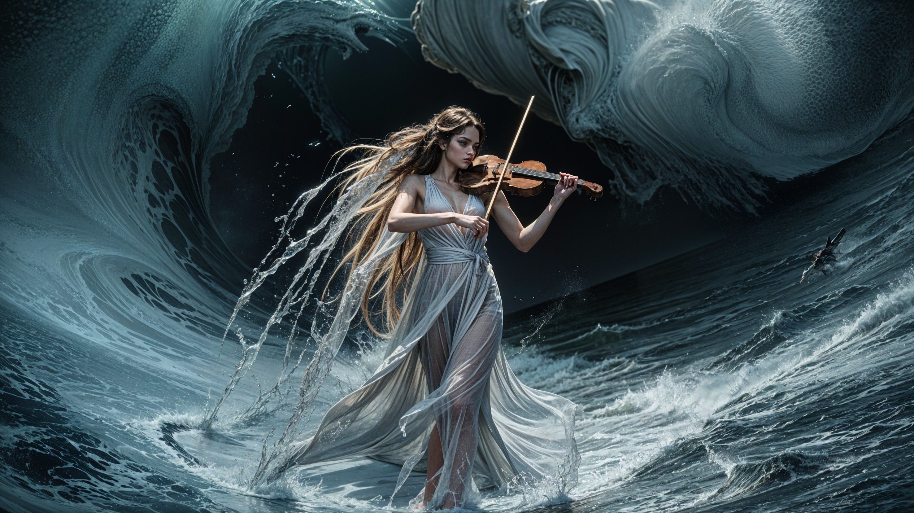 Woman in Silver Gown Playing Violin by Ocean Waves