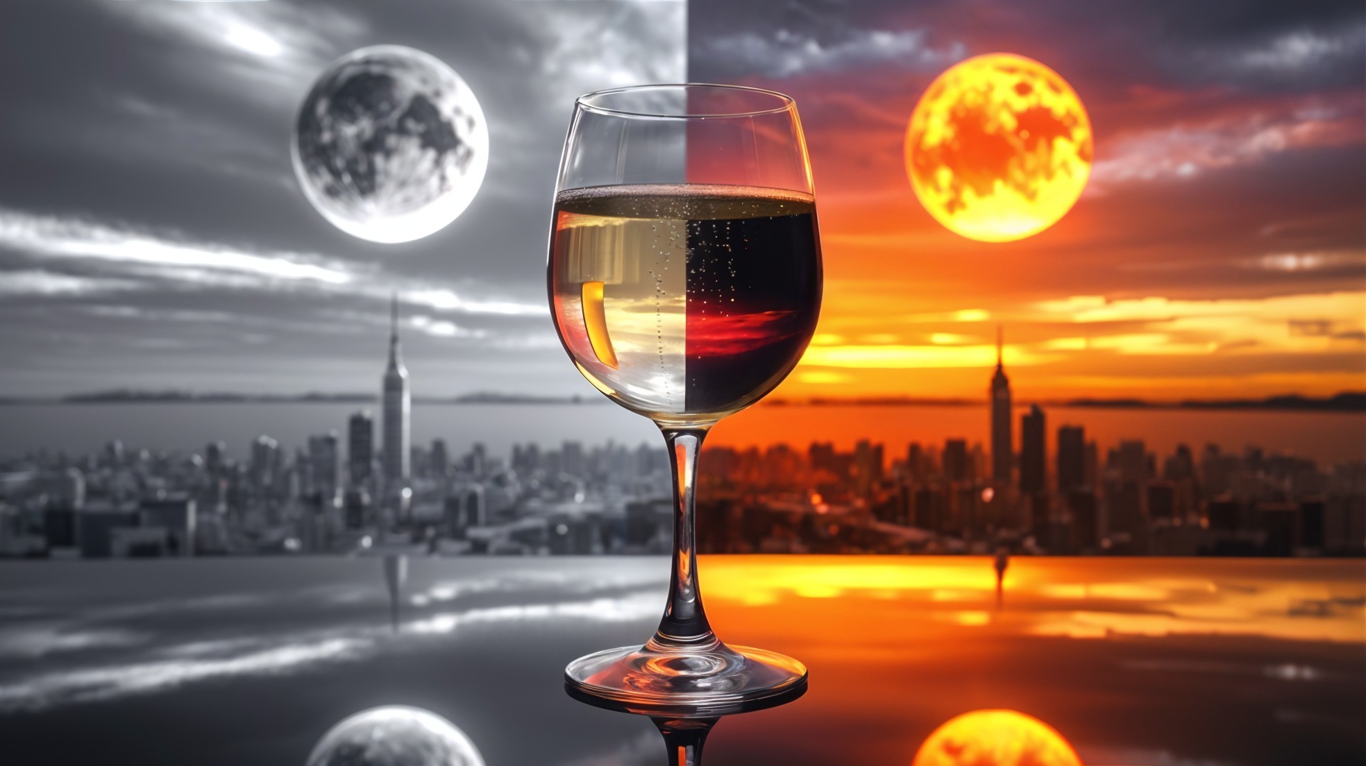 Wine Glass Against Sunset and Night Skyline Contrast
