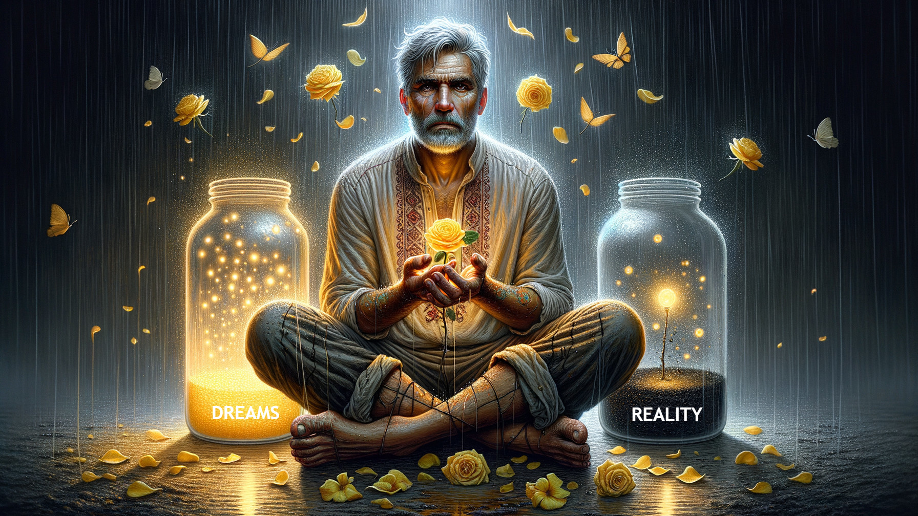 Figure Between Illuminated Jars of Dreams and Reality