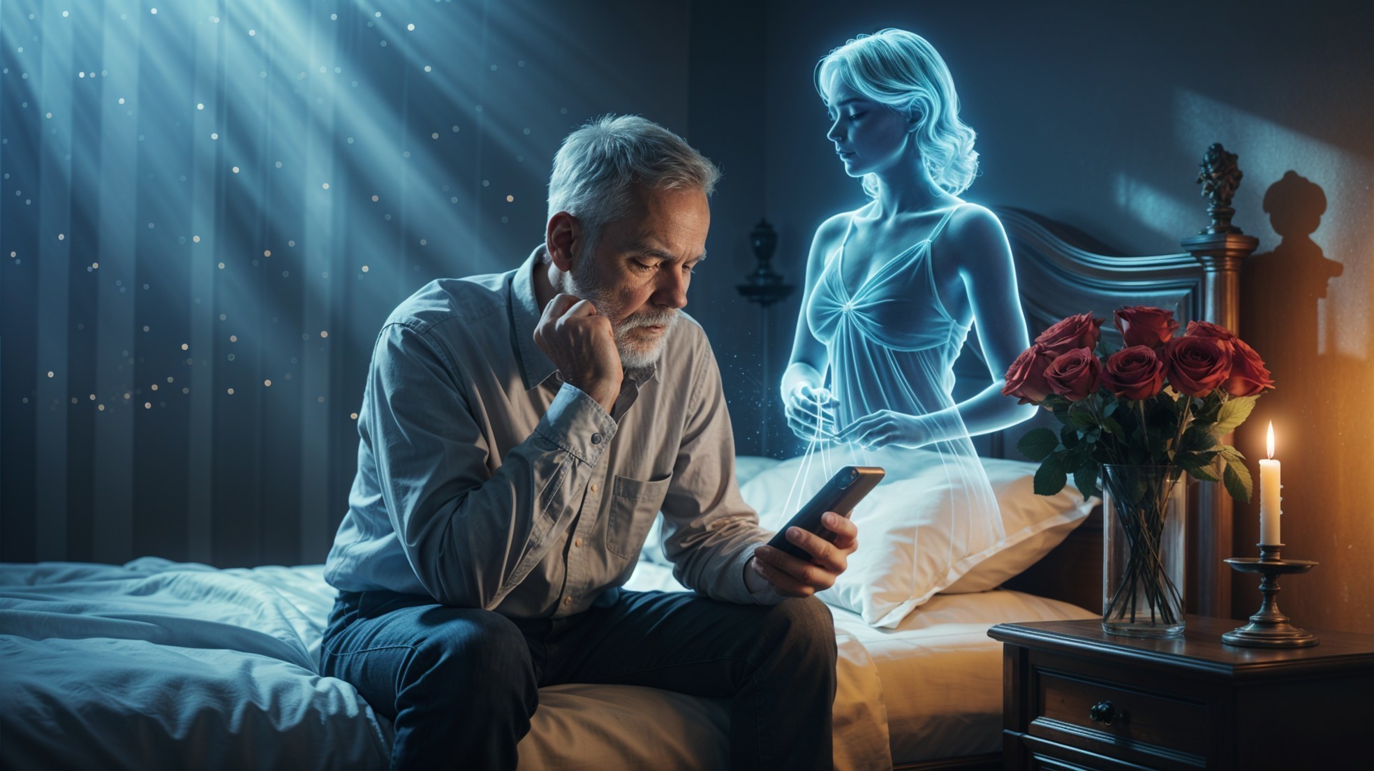 Contemplative Man with Holographic Figure in Bedroom