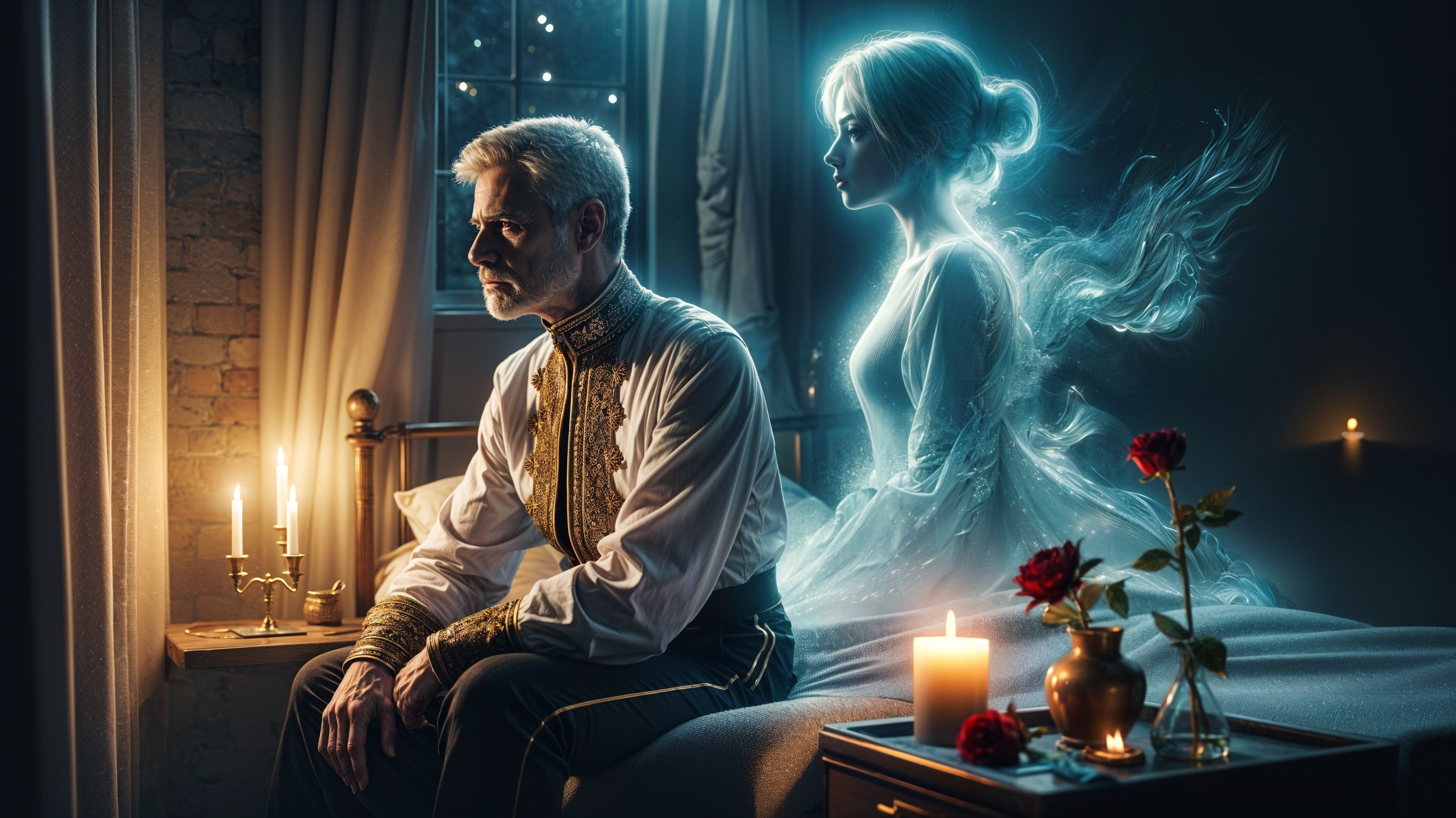 Elegant Man and Ethereal Woman in Dimly Lit Room