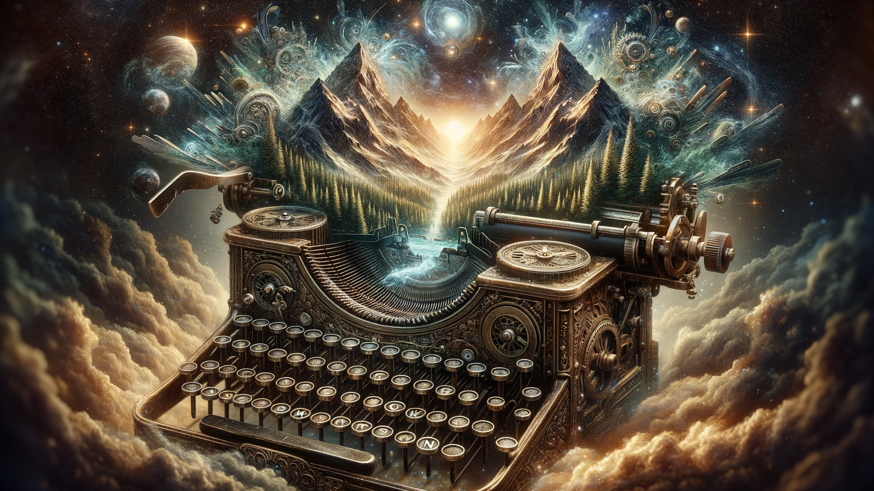 Vintage Typewriter in a Cosmic Landscape Scene