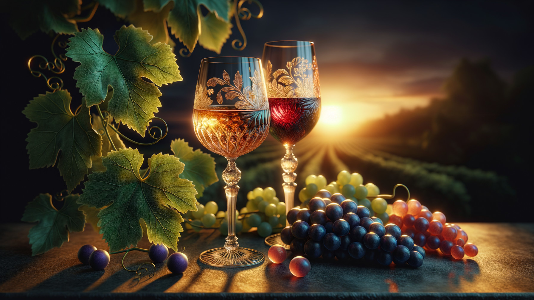 Elegant Still Life with Wine Glasses and Grapes