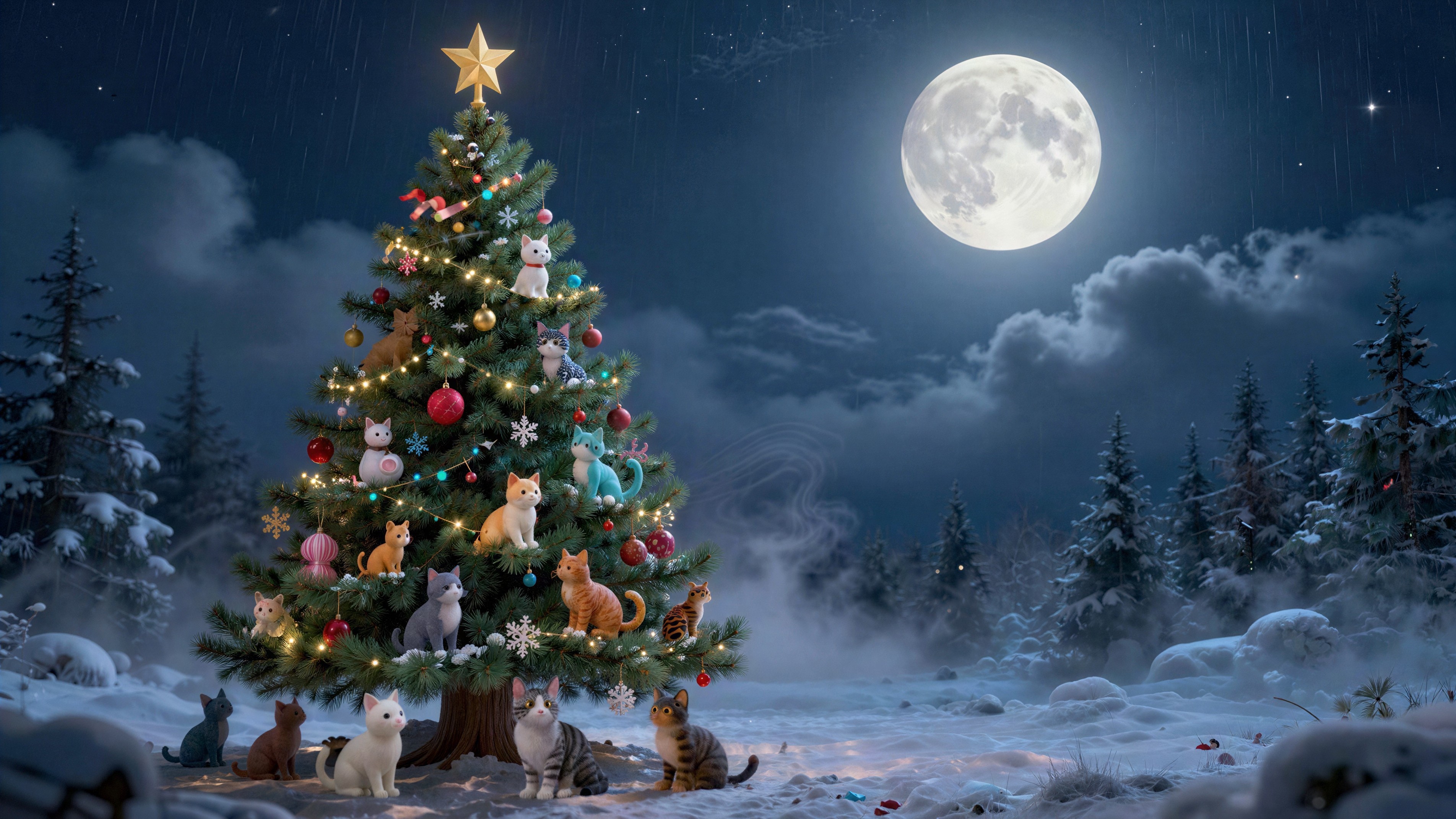 Whimsical Winter Wonderland with Cats and Christmas Tree
