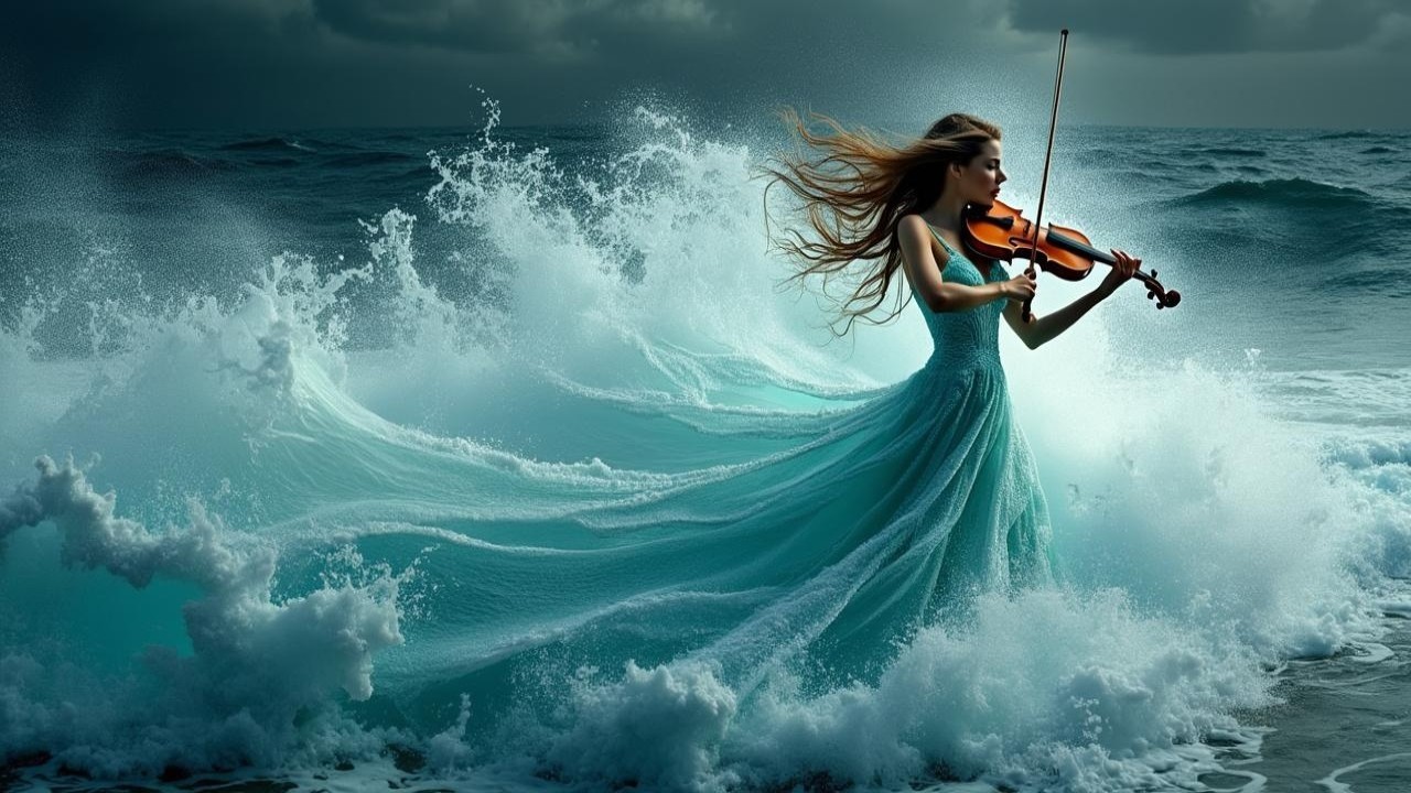 Young Woman in Turquoise Dress Playing Violin by Ocean