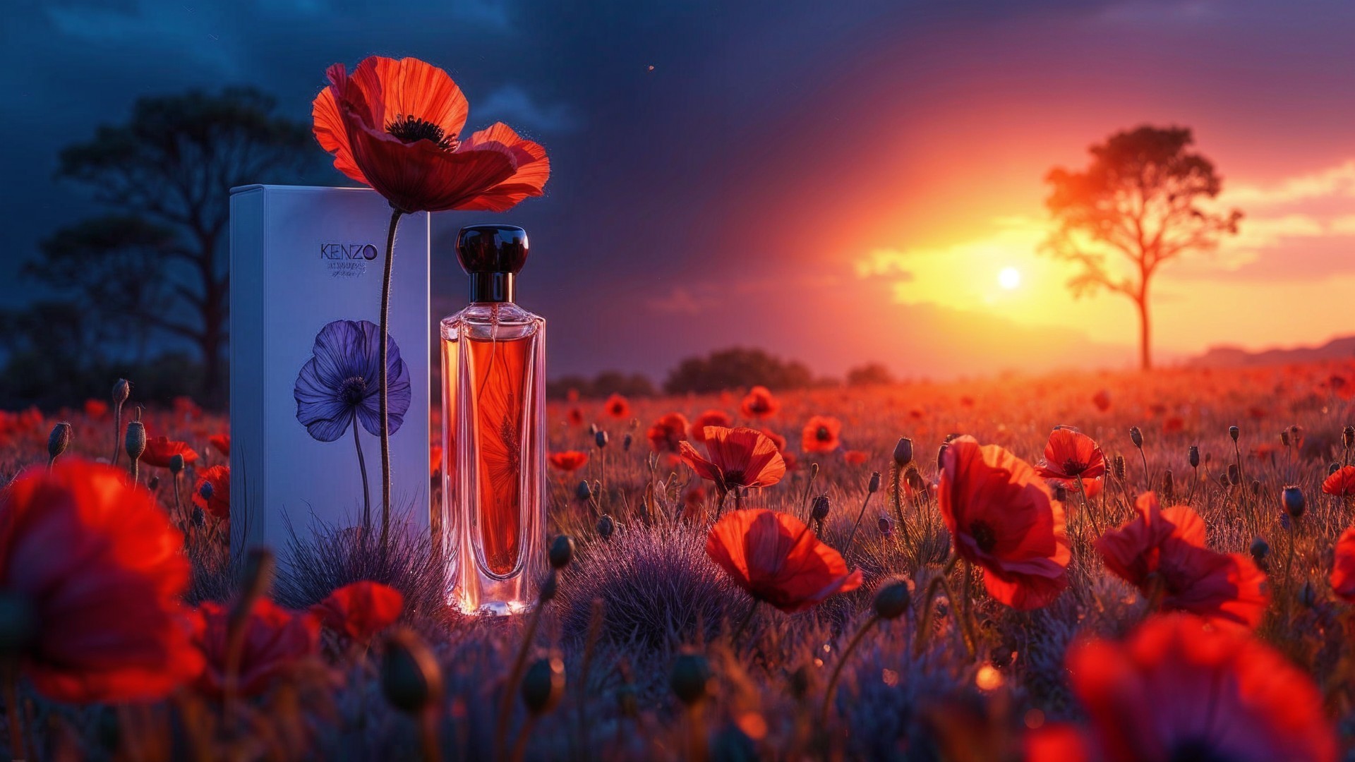 Sunset Over Poppy Field with Perfume Bottle Display