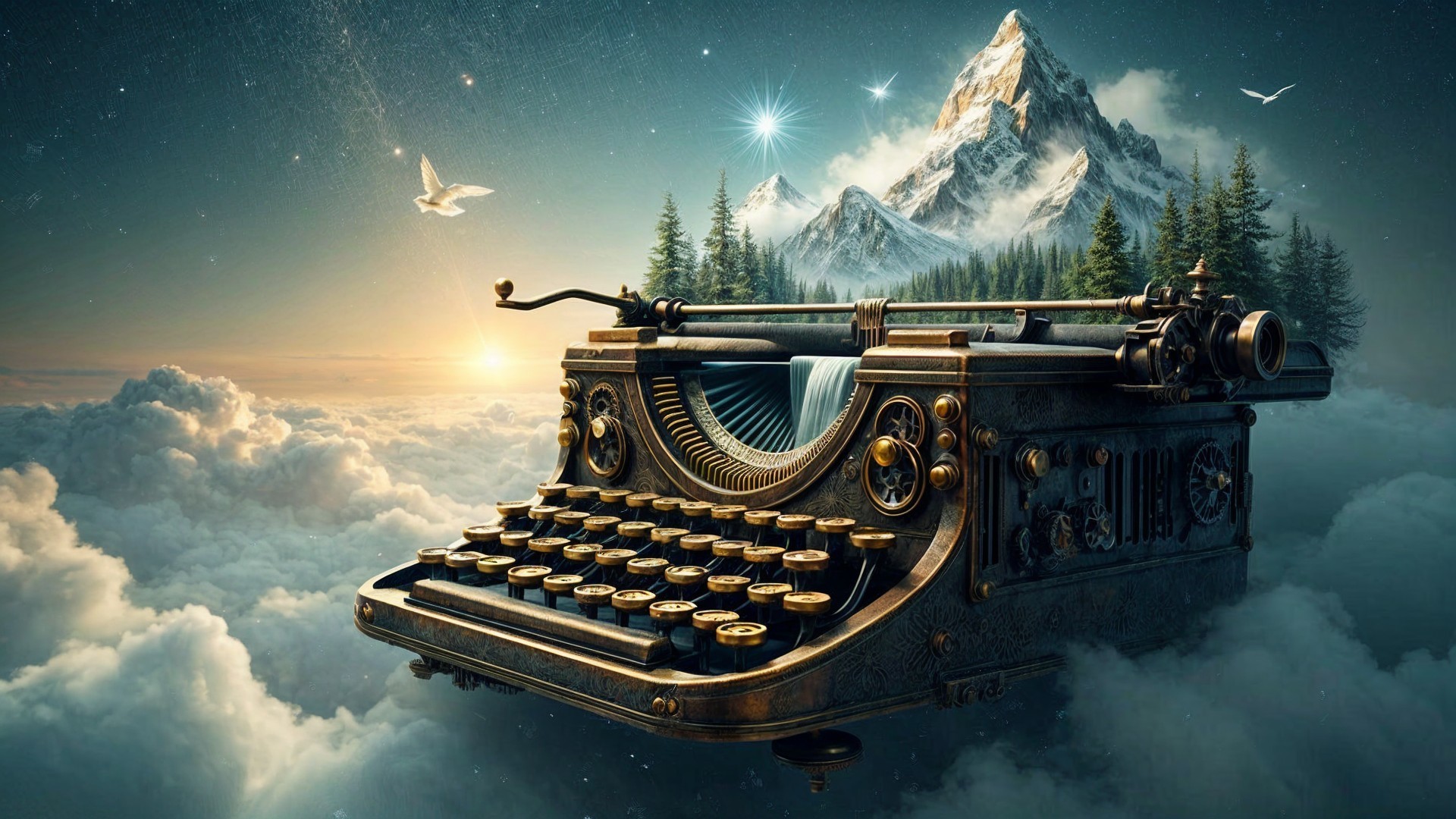 Vintage Typewriter Surrounded by Dreamlike Landscape