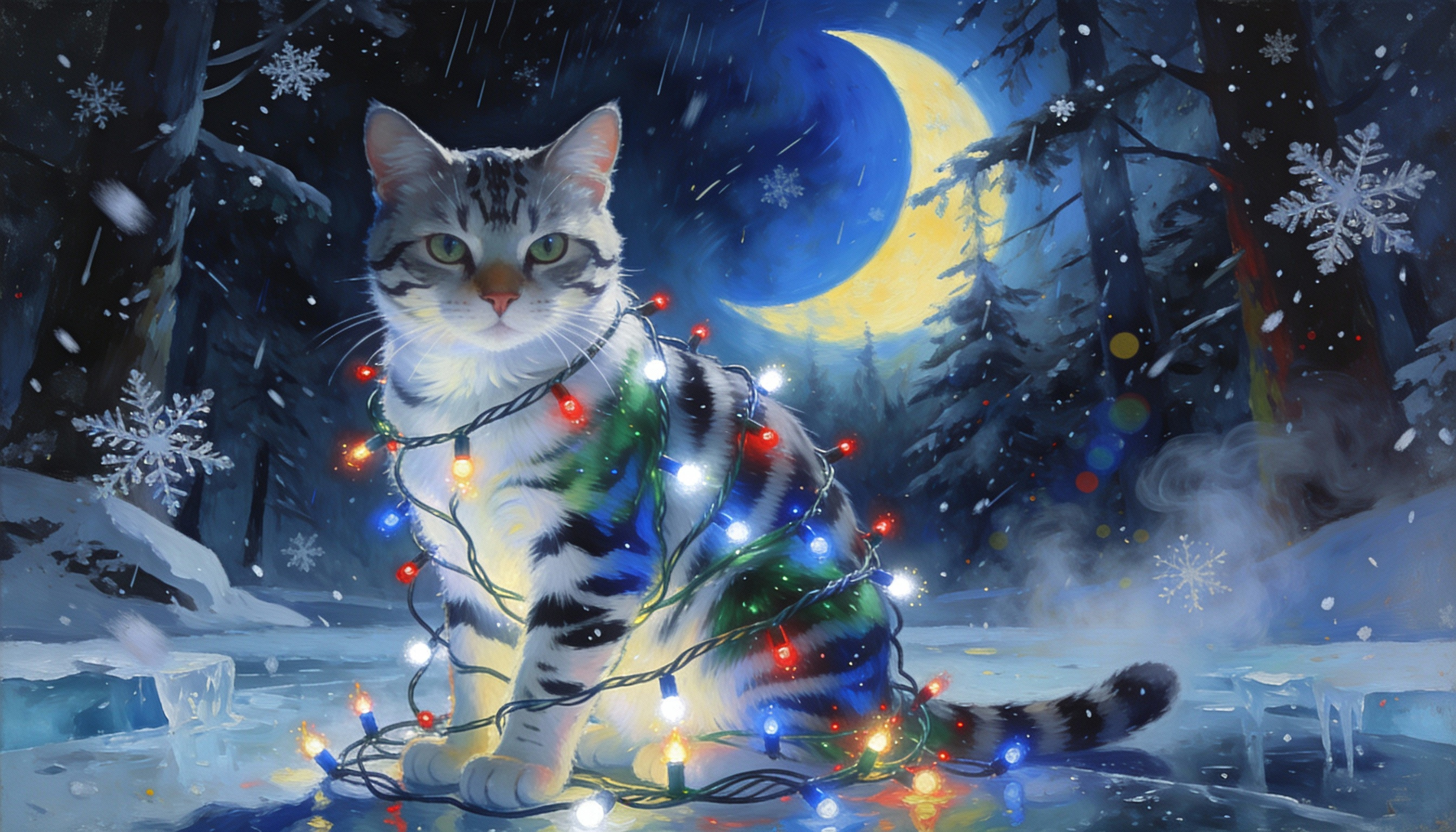 Detailed Digital Painting of Tabby Cat in Winter Forest
