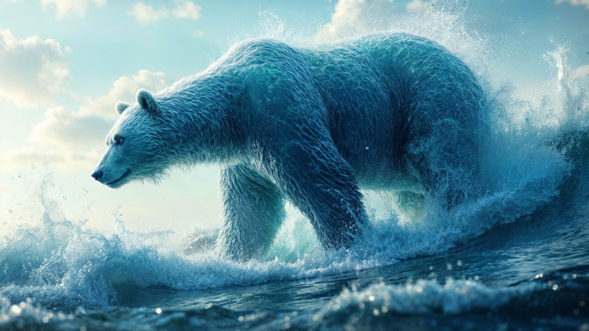 Polar bear in ocean waves under blue sky