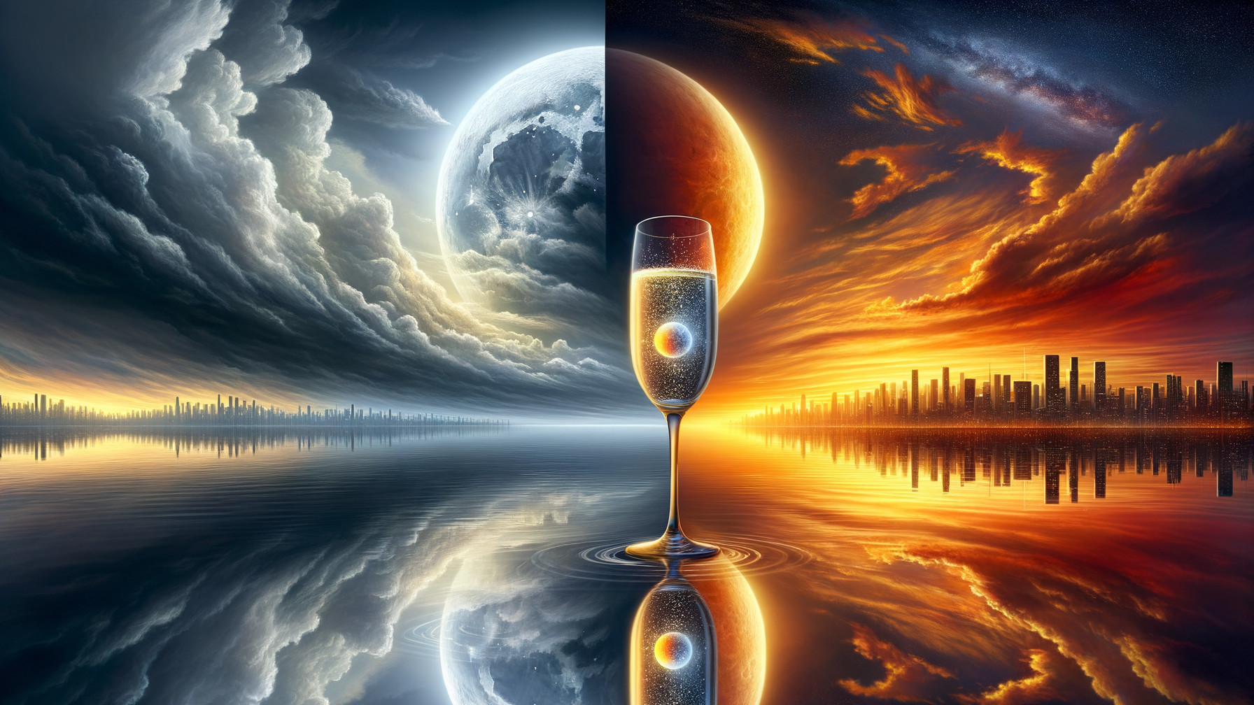 Surreal Scene of Day and Night with Celestial Bodies