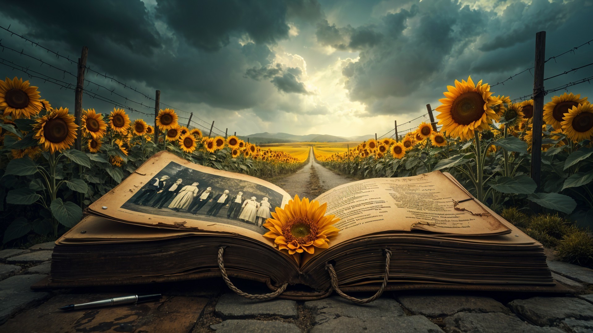Vintage Book on Cobblestone Path with Sunflowers