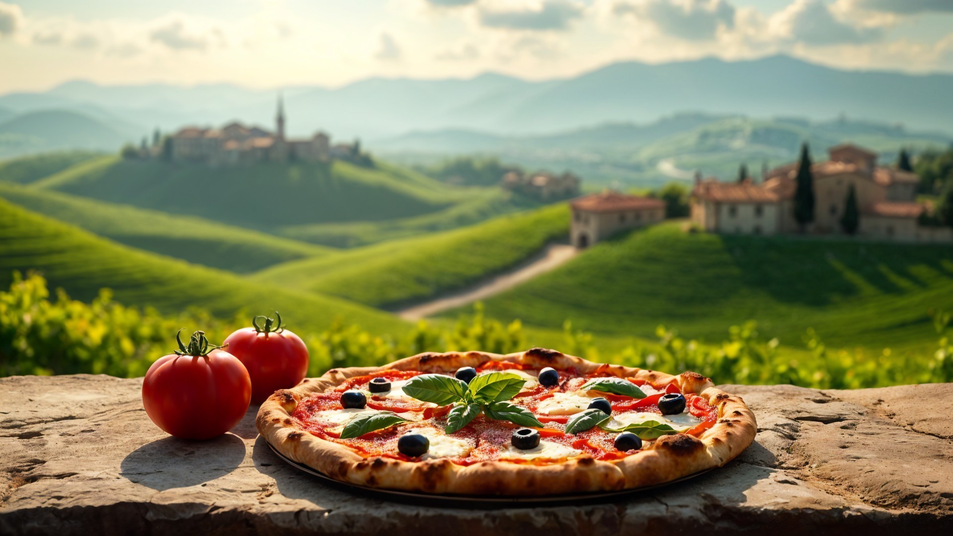 Freshly Baked Pizza with Italian Countryside Backdrop