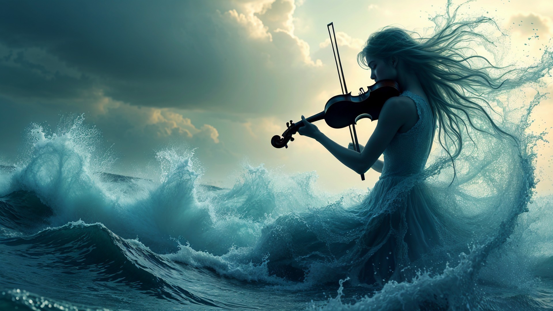 Silhouette of Woman Playing Violin Amidst Ocean Waves