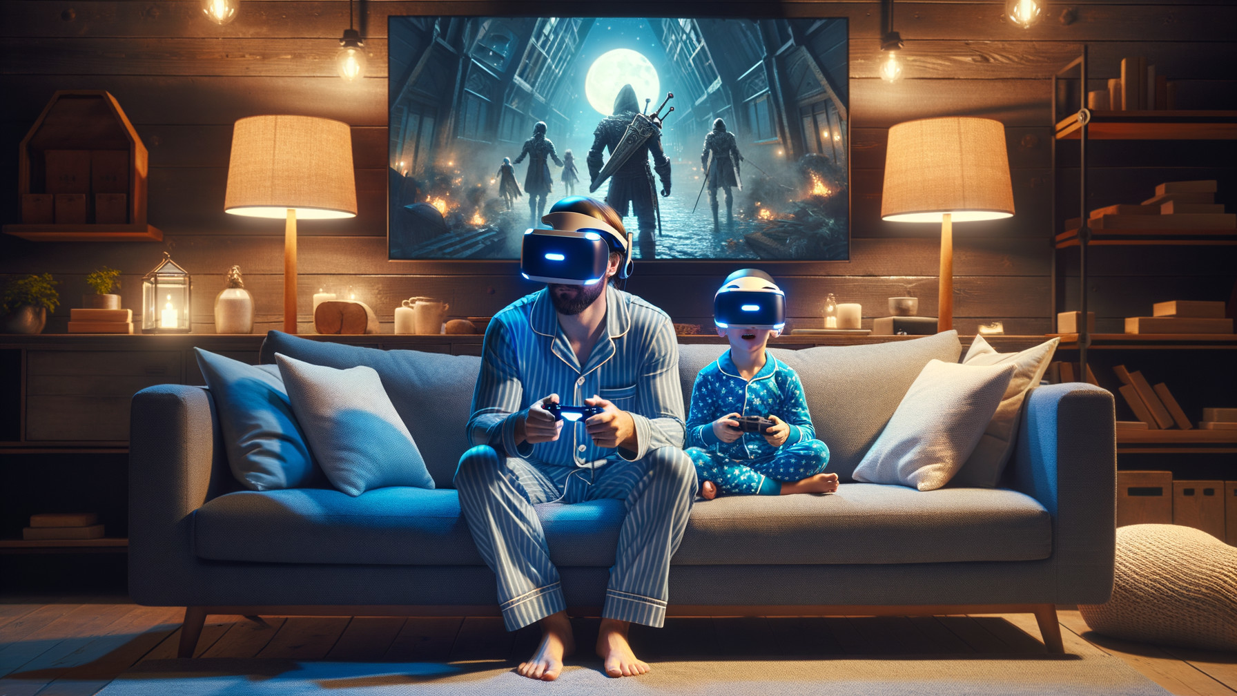 Father and child enjoying virtual reality gaming together