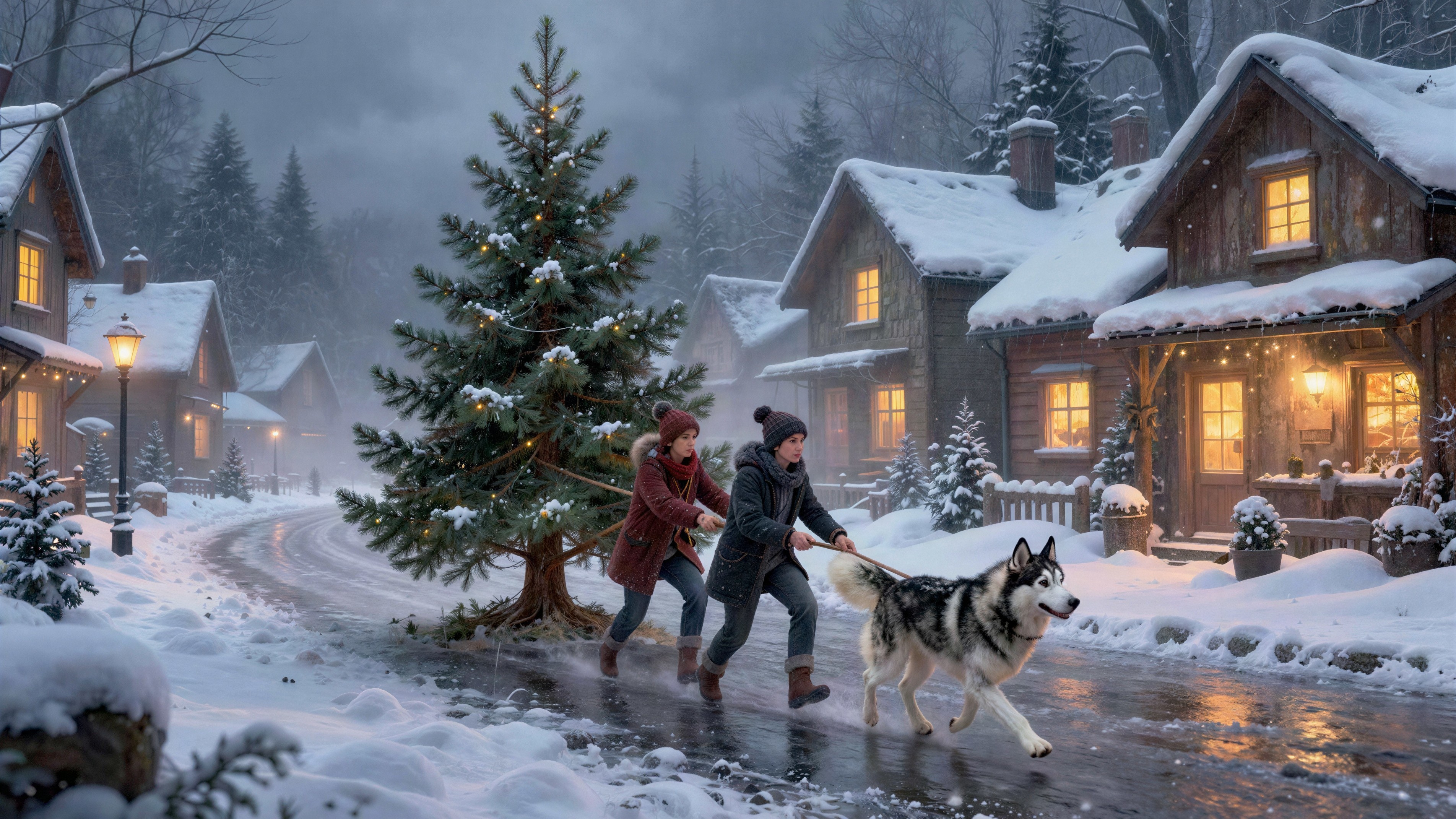 Winter Village Scene with Christmas Tree and Snowfall