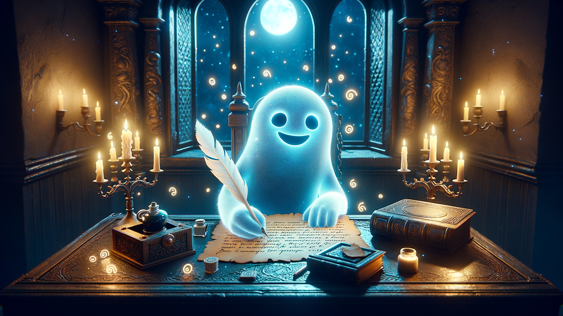 Glowing ghost writing at a wooden desk by candlelight