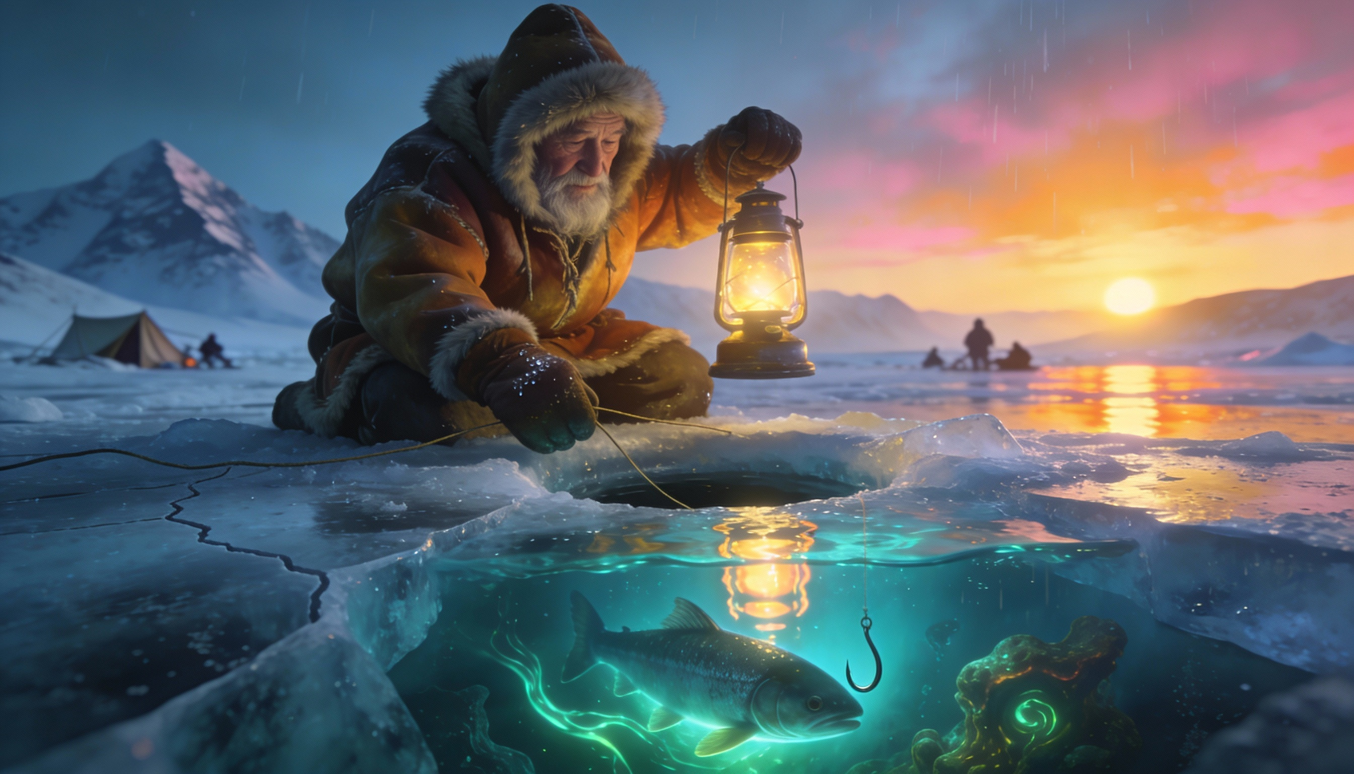 Detailed Digital Painting of Ice Fishing at Sunset