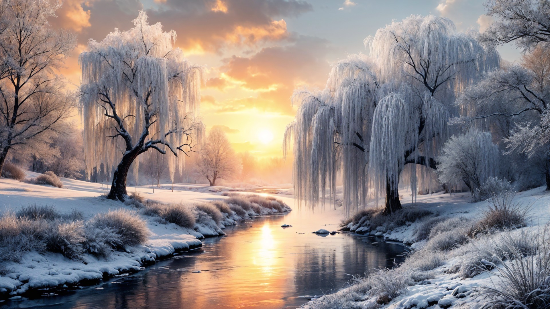 Serene Winter Landscape at Sunrise with Frozen River