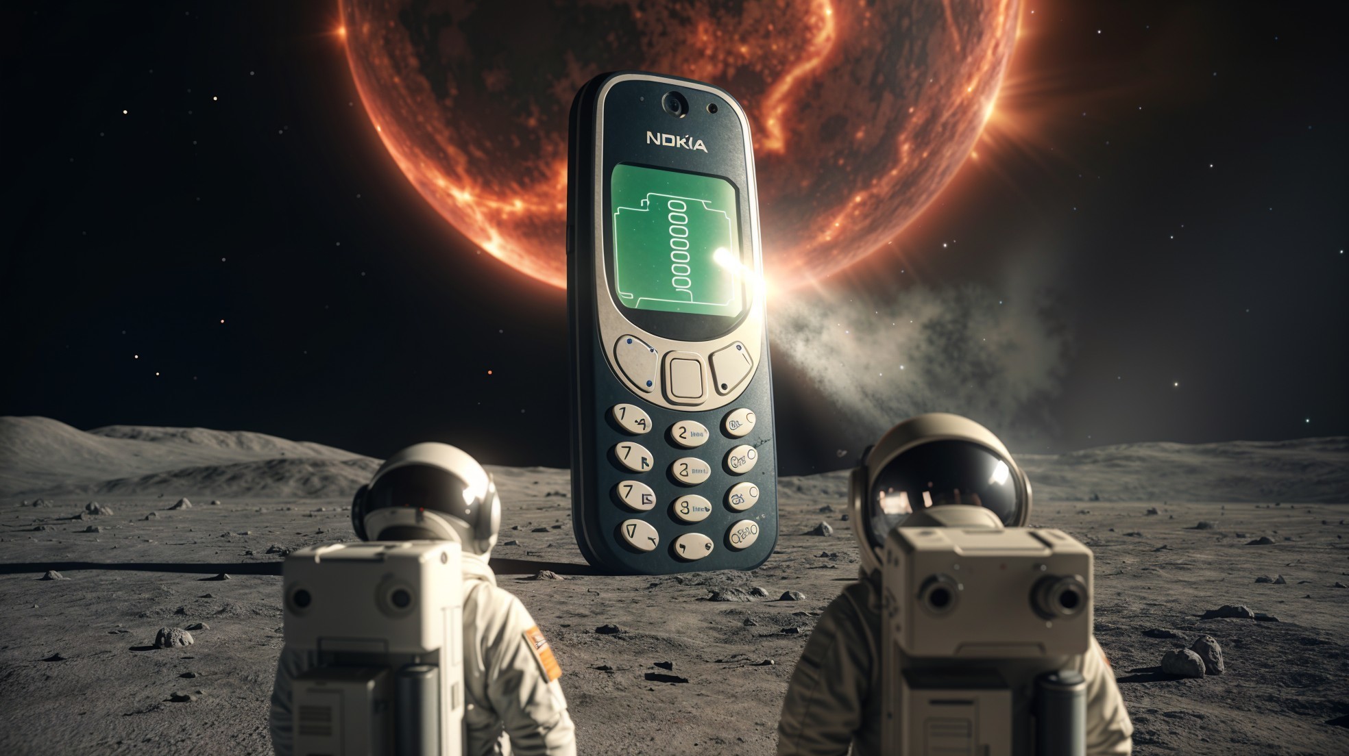 Astronauts Observe Giant Phone on Lunar Landscape