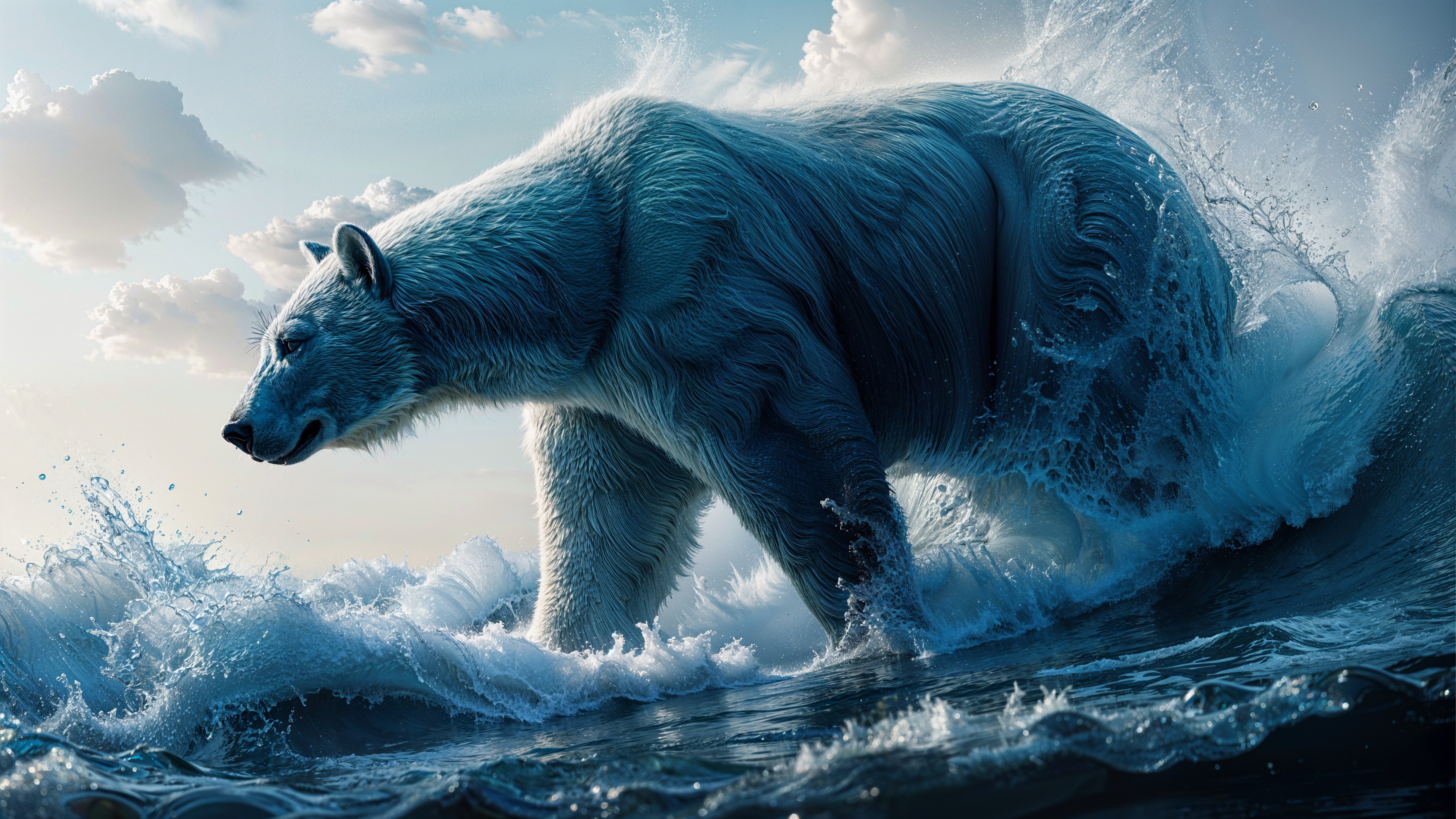 Polar Bear in Turbulent Arctic Sea with Sunlight