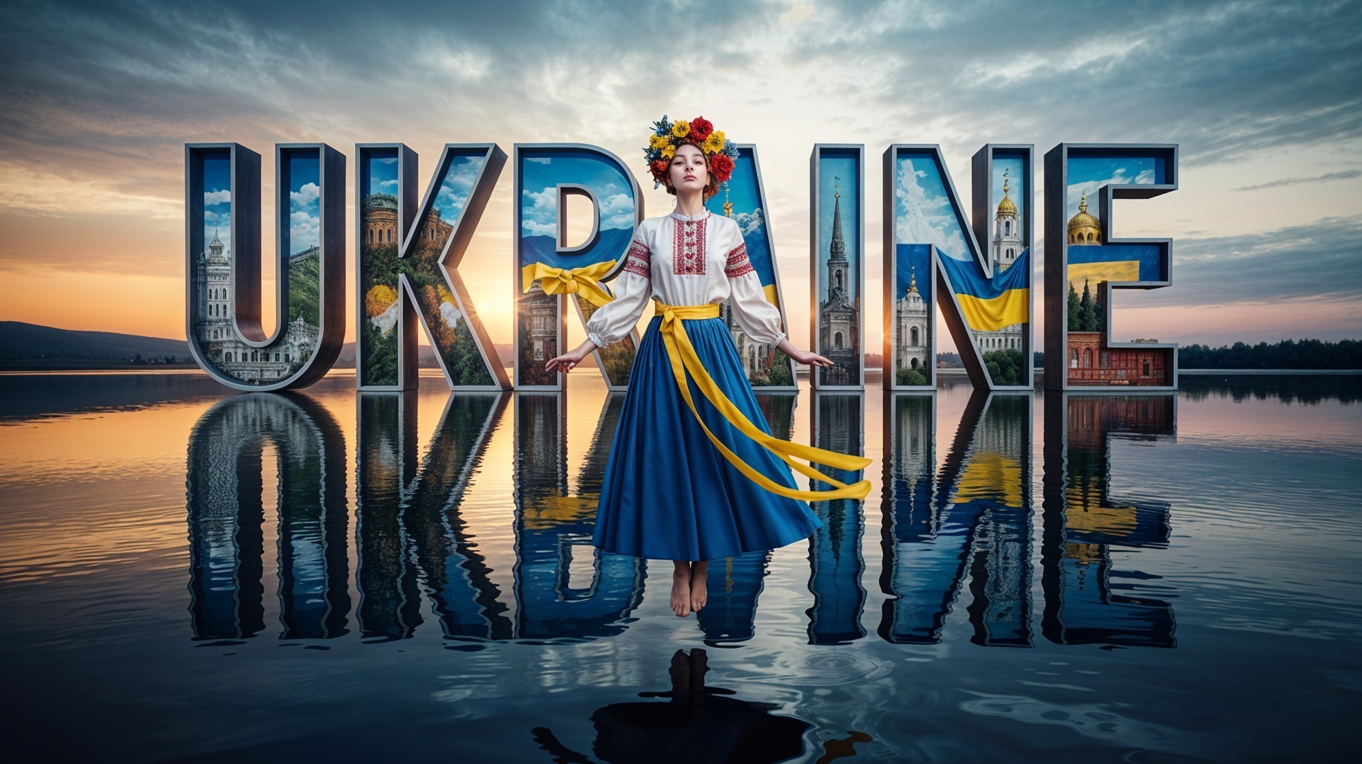 Ukrainian Woman in Traditional Attire on Water