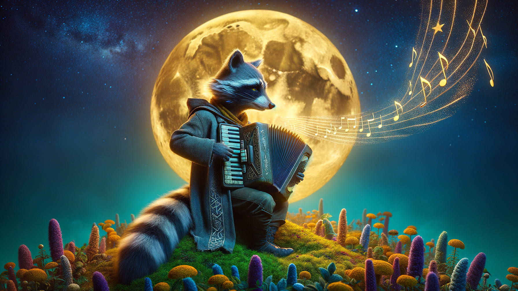 Whimsical raccoon in colorful landscape with moonlight