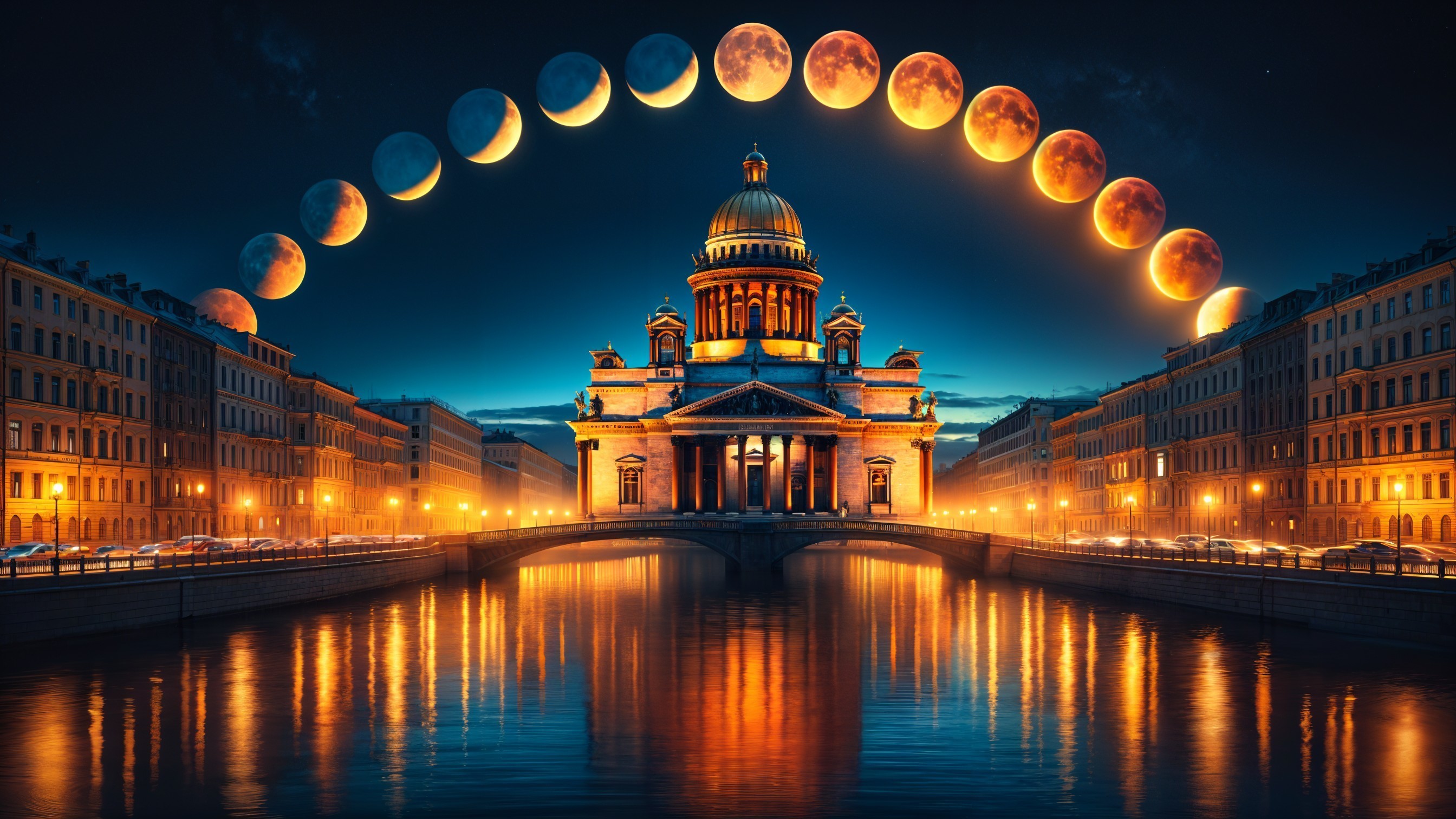 Nighttime Cathedral Scene with Moon Phases and Reflection