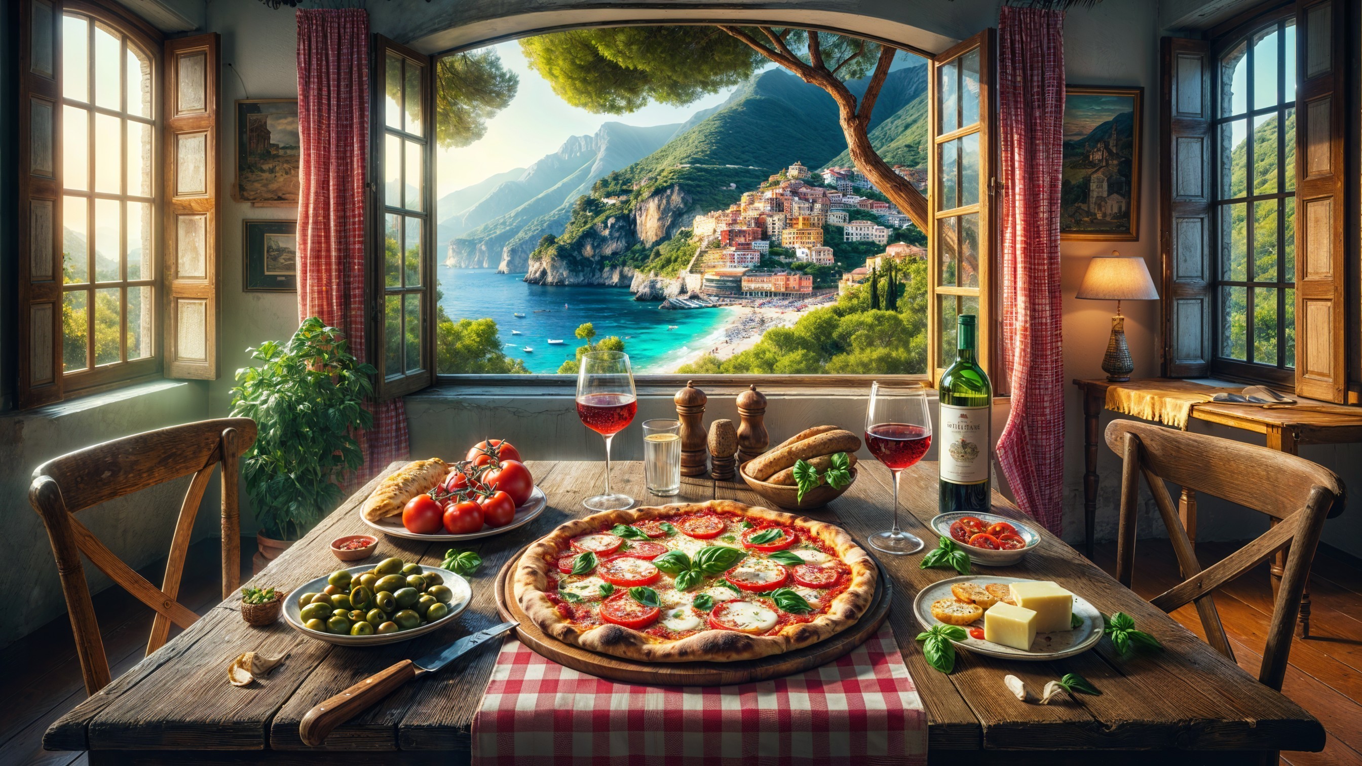 Cozy Dining Table with Coastal Village View and Pizza