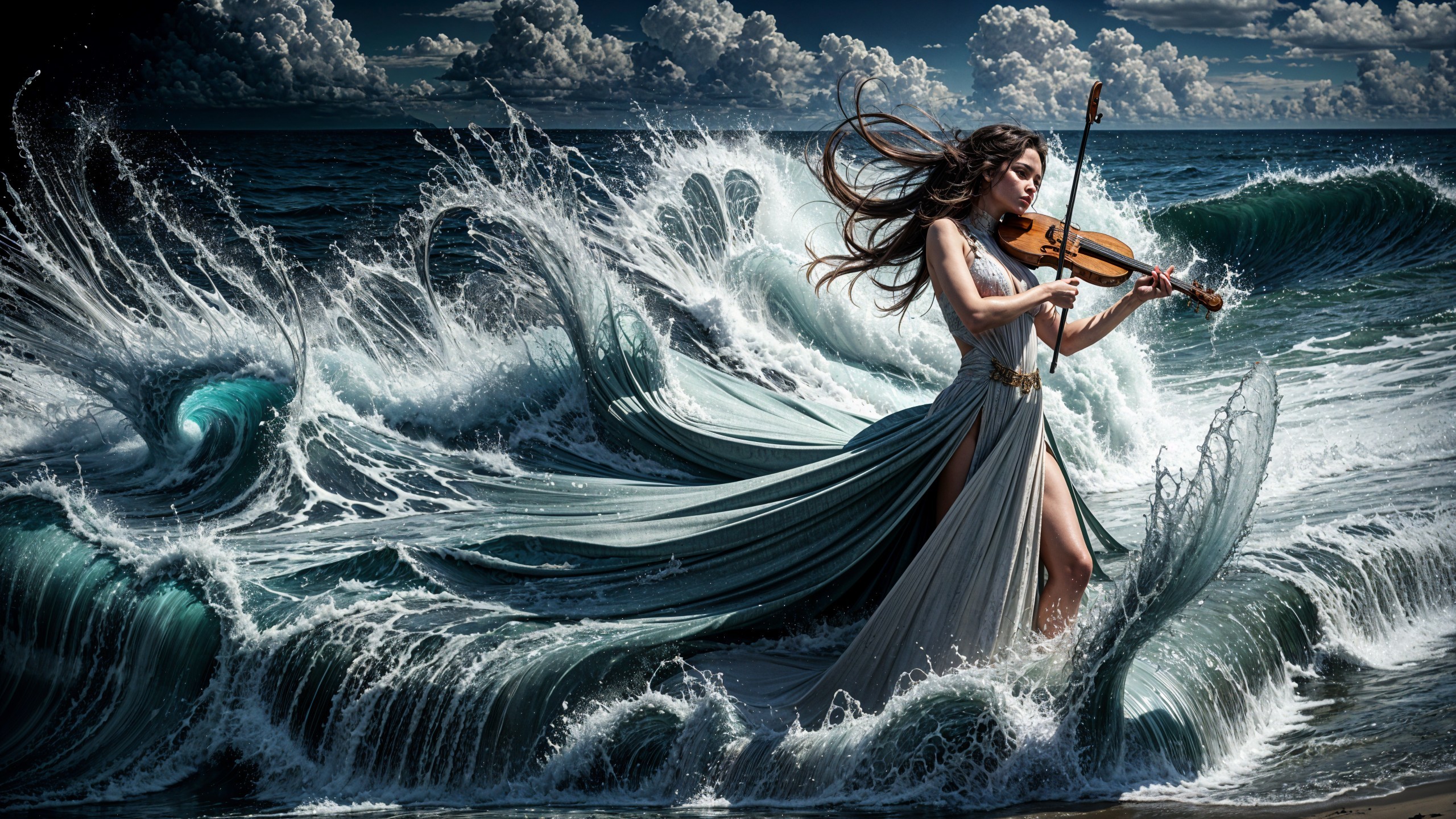 Woman in gown plays violin amid ocean waves
