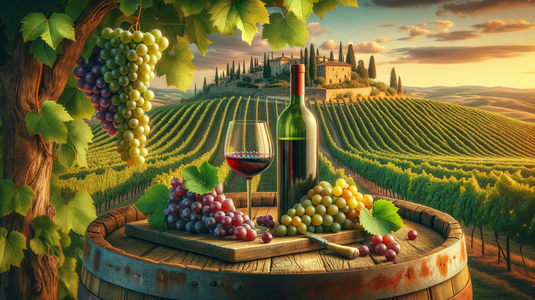Sunset Vineyard with Wine, Grapes, and Scenic Hills