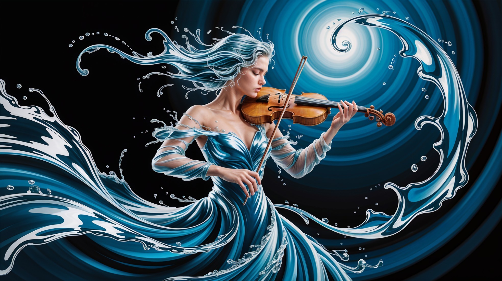 Elegant figure in blue gown playing violin with waves