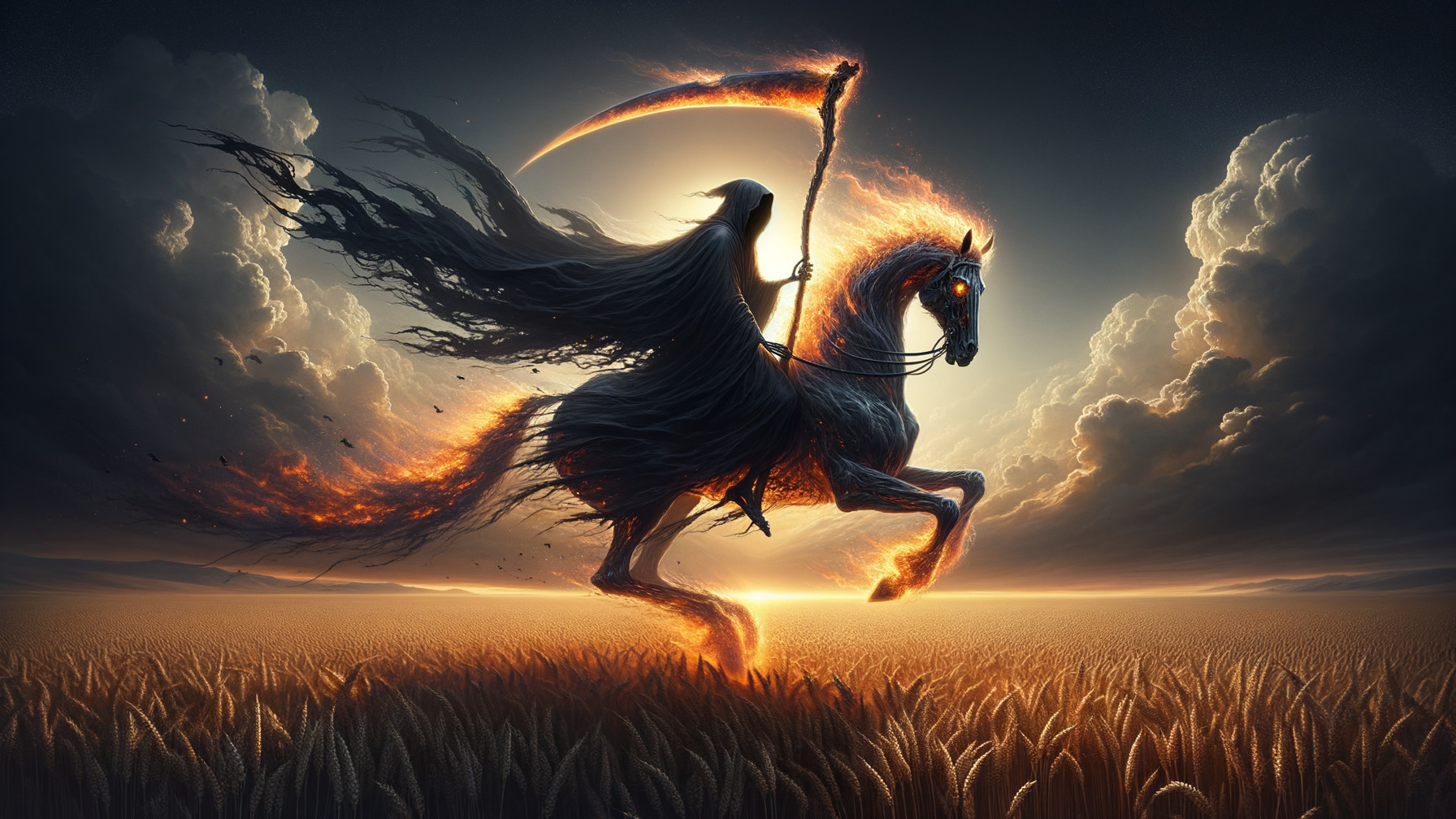 Spectral Figure on Fiery Horse Against Dramatic Sunset