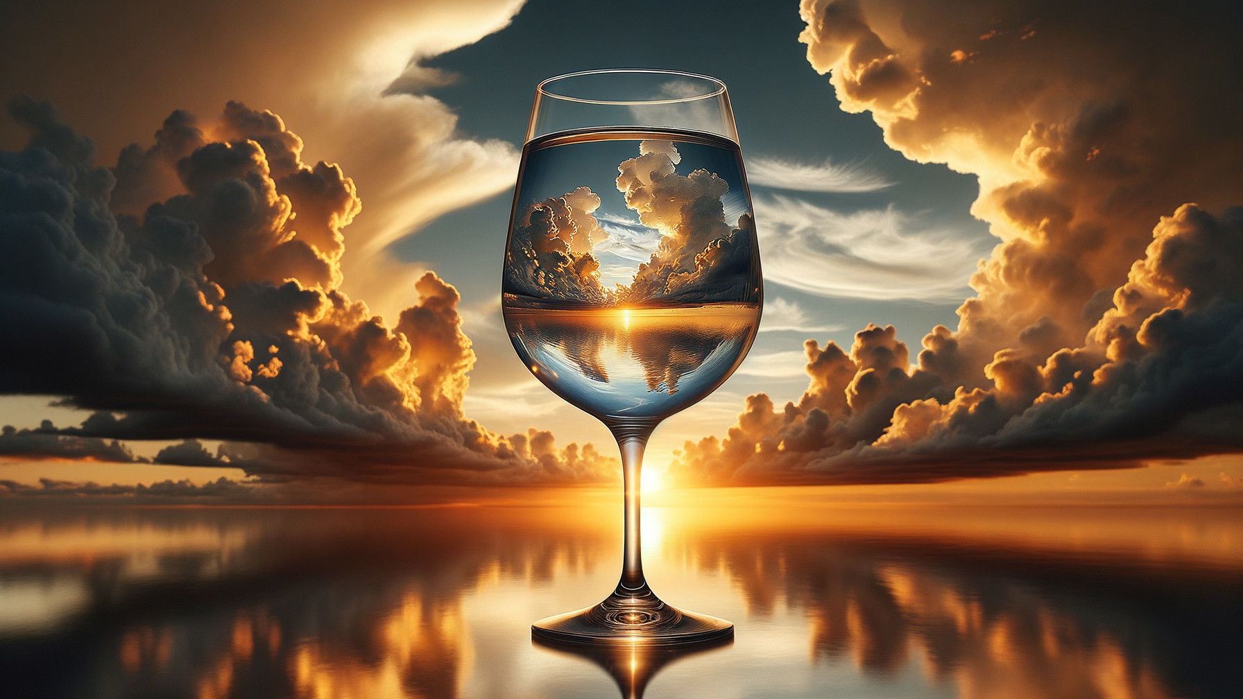 Glass of Water Reflecting a Vibrant Sunset Scene