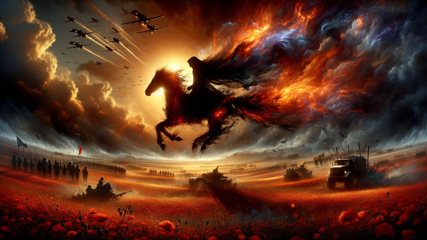 Dramatic Scene of Warfare with Fiery Black Horse