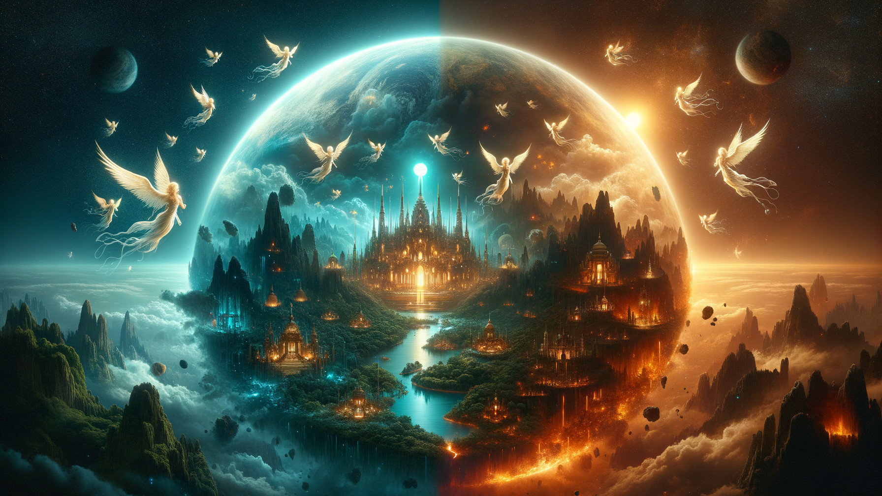 Celestial Scene of Blue and Orange Realms with Angels