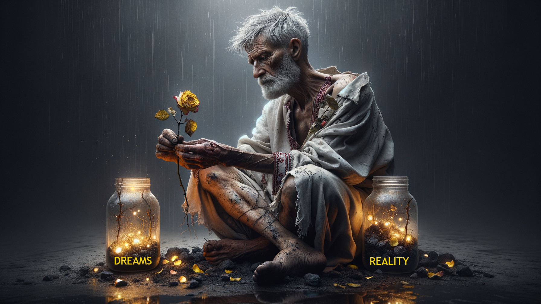 Elderly Man with Yellow Rose on Rainy Ground