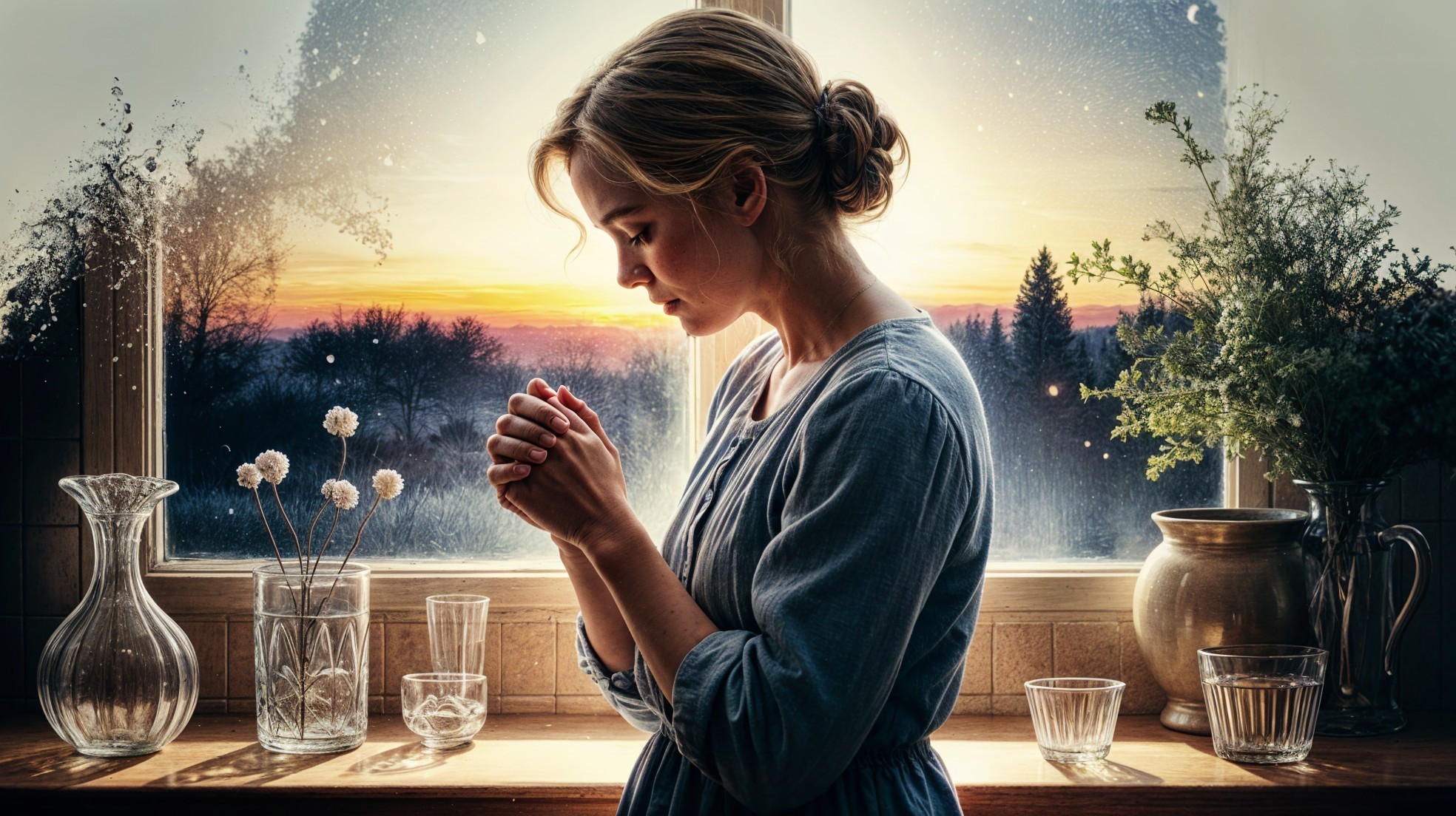 Woman in profile by sunlit window with sunset view