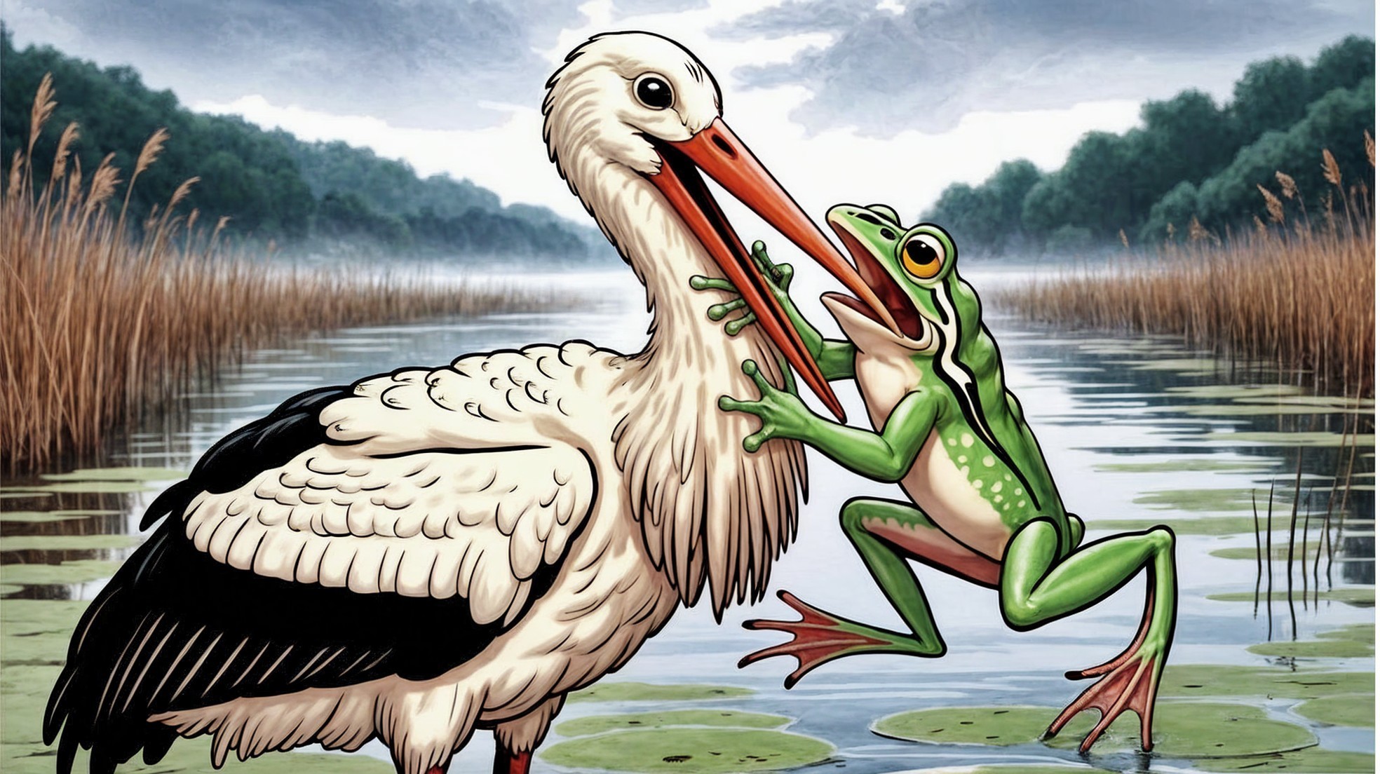 Colorful Frog and Stork Illustration by Water's Edge